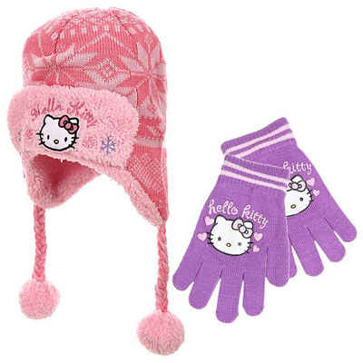 Hello Kitty Strickmütze (2-St) Mädchen Set peruanische Mütze & Handschuhe in Gr. 52, 54 cm