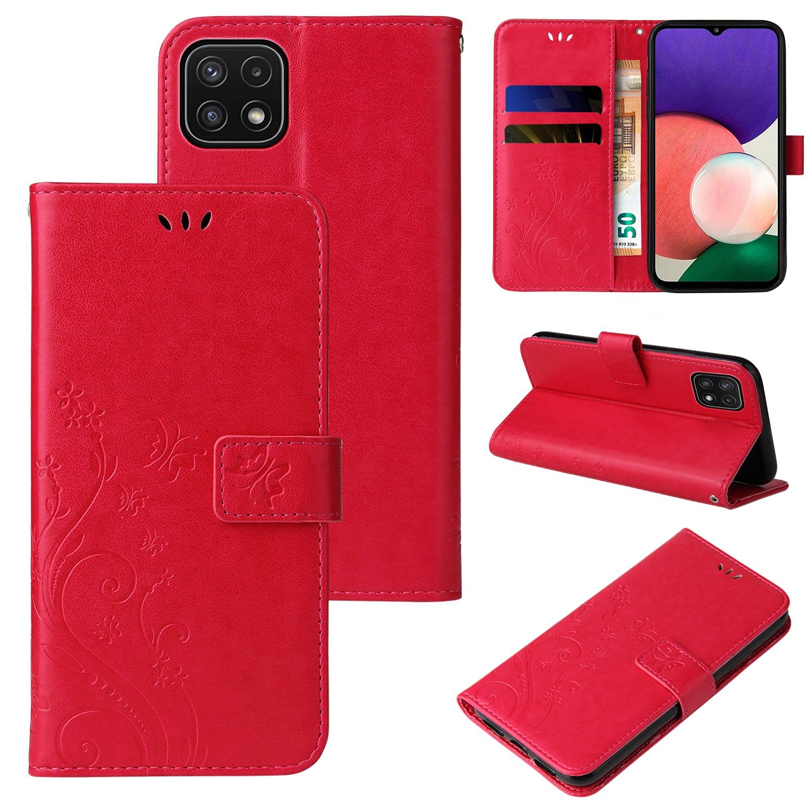 Tec-Expert Handyhülle Cover Tasche Hülle für Samsung Galaxy A22 5G 6,6 Zoll, Klapphülle Case mit Kartenfach Fliphülle aufstellbar, Motiv Blumen
