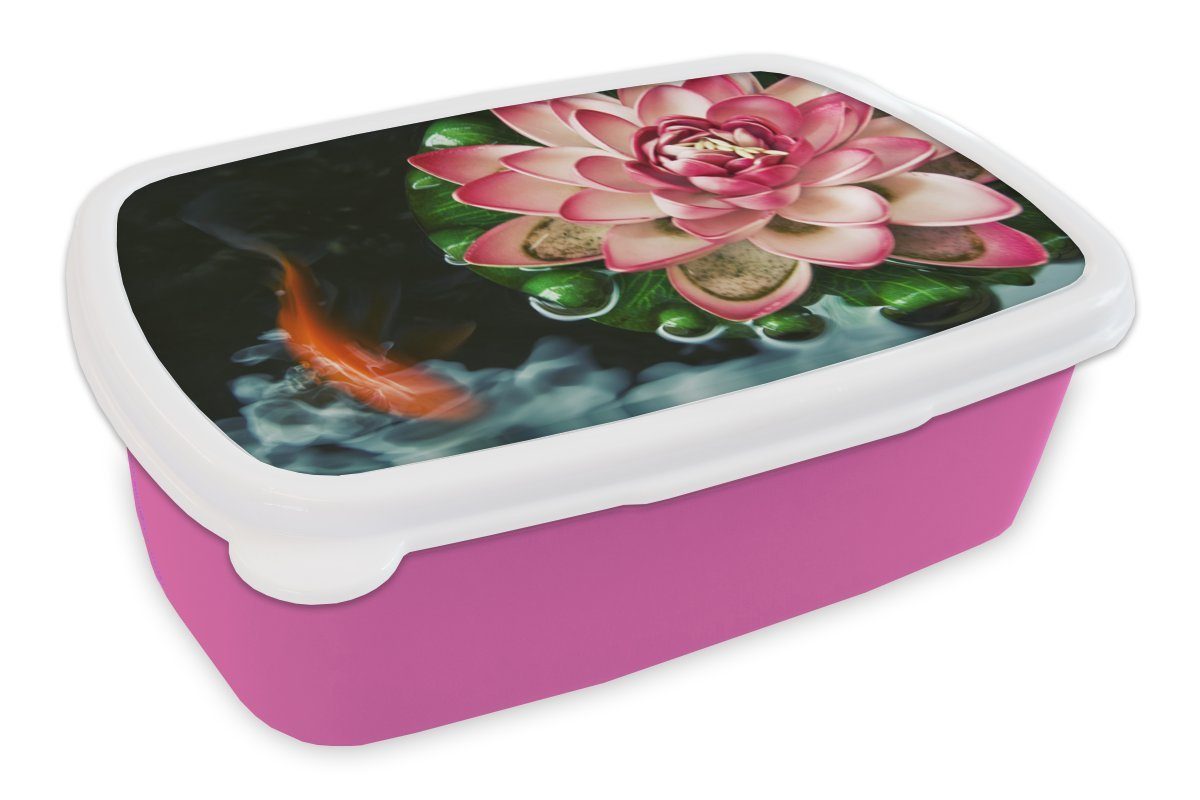 MuchoWow Lunchbox Ein mit Koi-Karpfen Kinder, Brotdose Blume, rosa Brotbox Mädchen, Kunststoff Snackbox, (2-tlg), für einer Kunststoff, Erwachsene