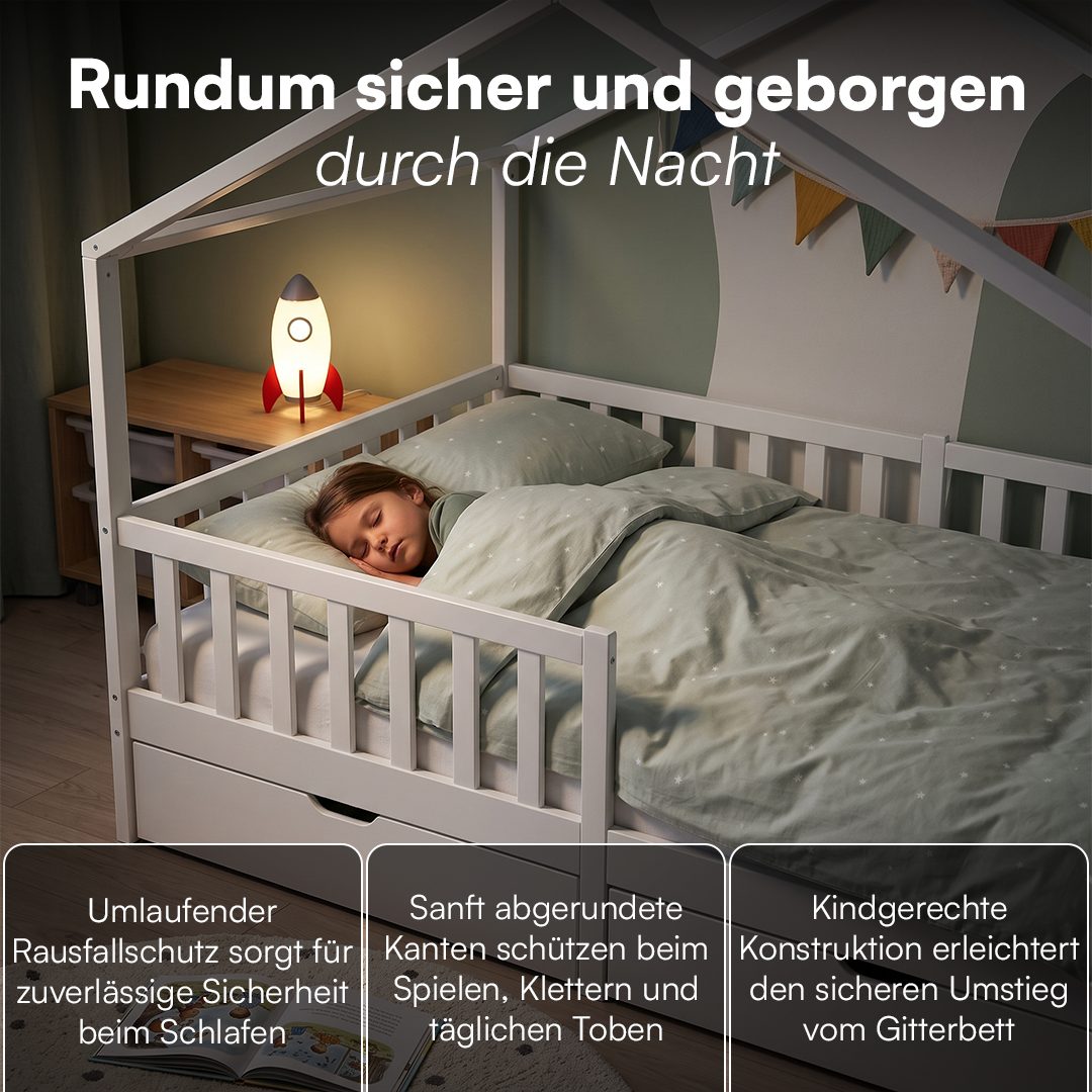 Bellabino Kinderbett Bia mit Rausfallschutz & Lattenrost (weiß, mit zwei Schubladen und Matratze), Kinderbett aus Kiefernholz, verfügbar in 80x160/90/120/140x20 – Bild 2 von 5