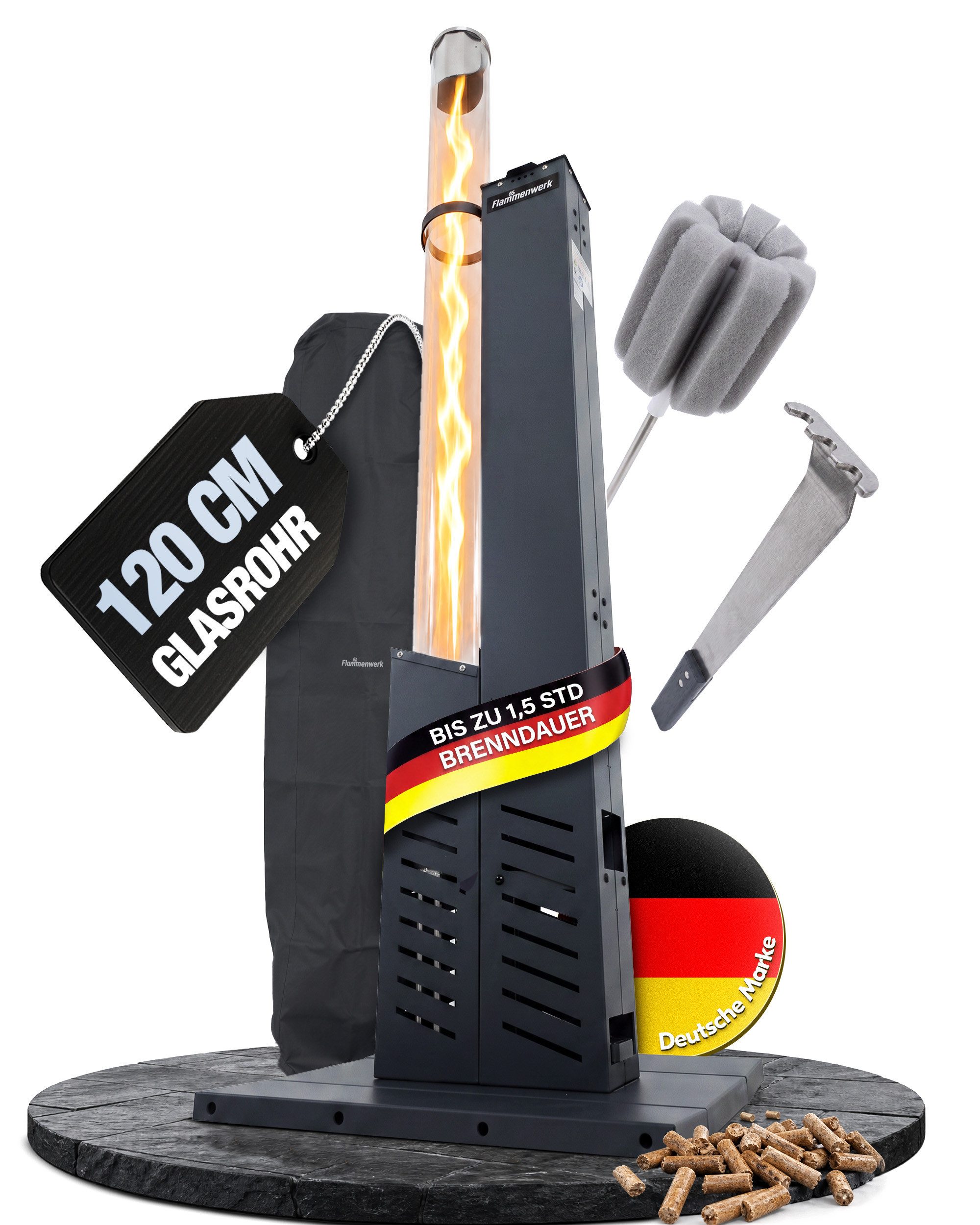 Flammenwerk Feuerschale Pelletofen Outdoor Gartendeko 120 cm Glasrohr Fackel, (Feuerrohr Antrazit, Feuerrohr Antrazit), 28.000 BTU mit 2,6 kg Kapazität