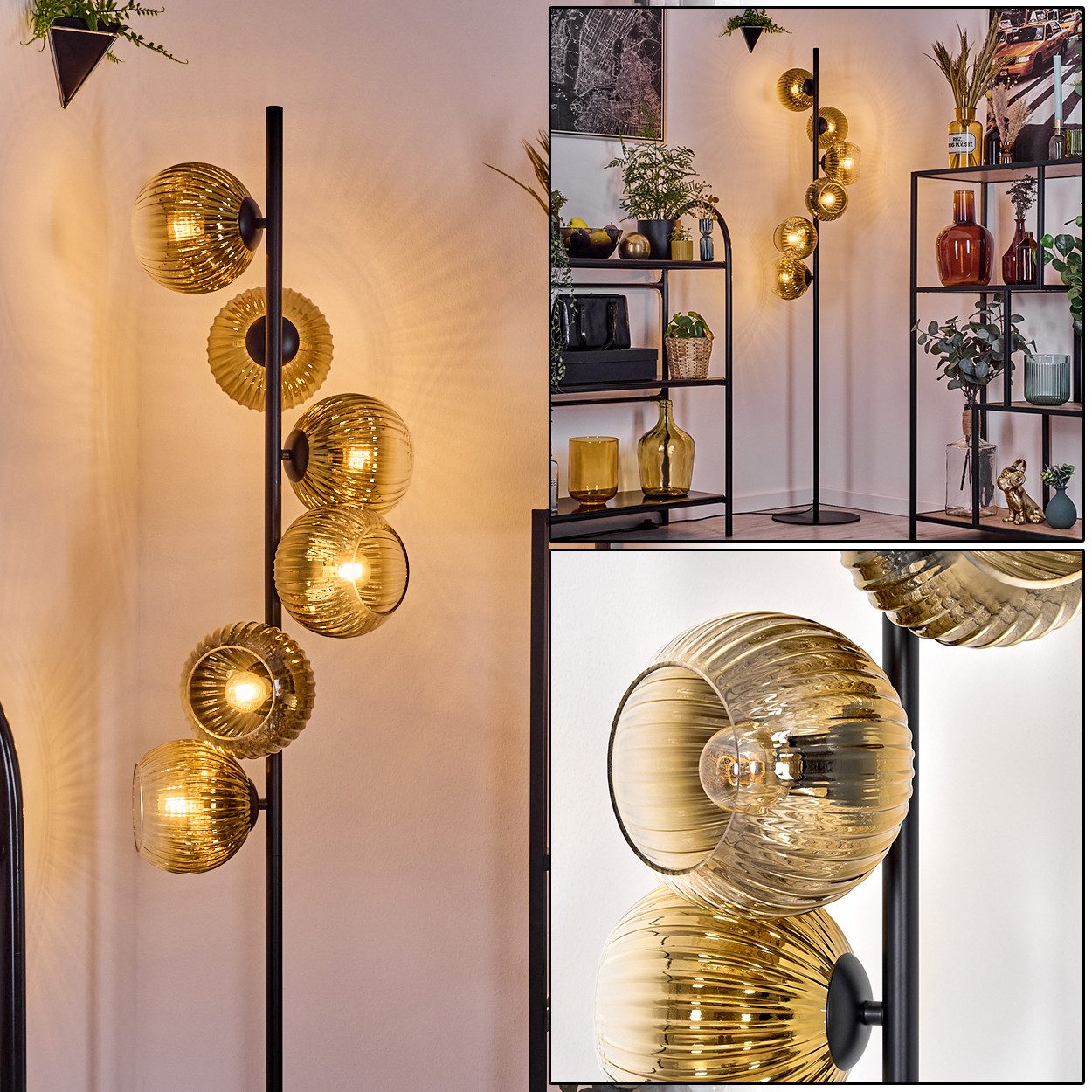 hofstein Stehlampe Stehlampe aus Metall/Riffelglas in Schwarz/Goldfarben/Klar, ohne Leuchtmittel, Stehleuchte Retro/Vintage, Ø Schirme 15 cm, Fußschalter, 160 cm, E14
