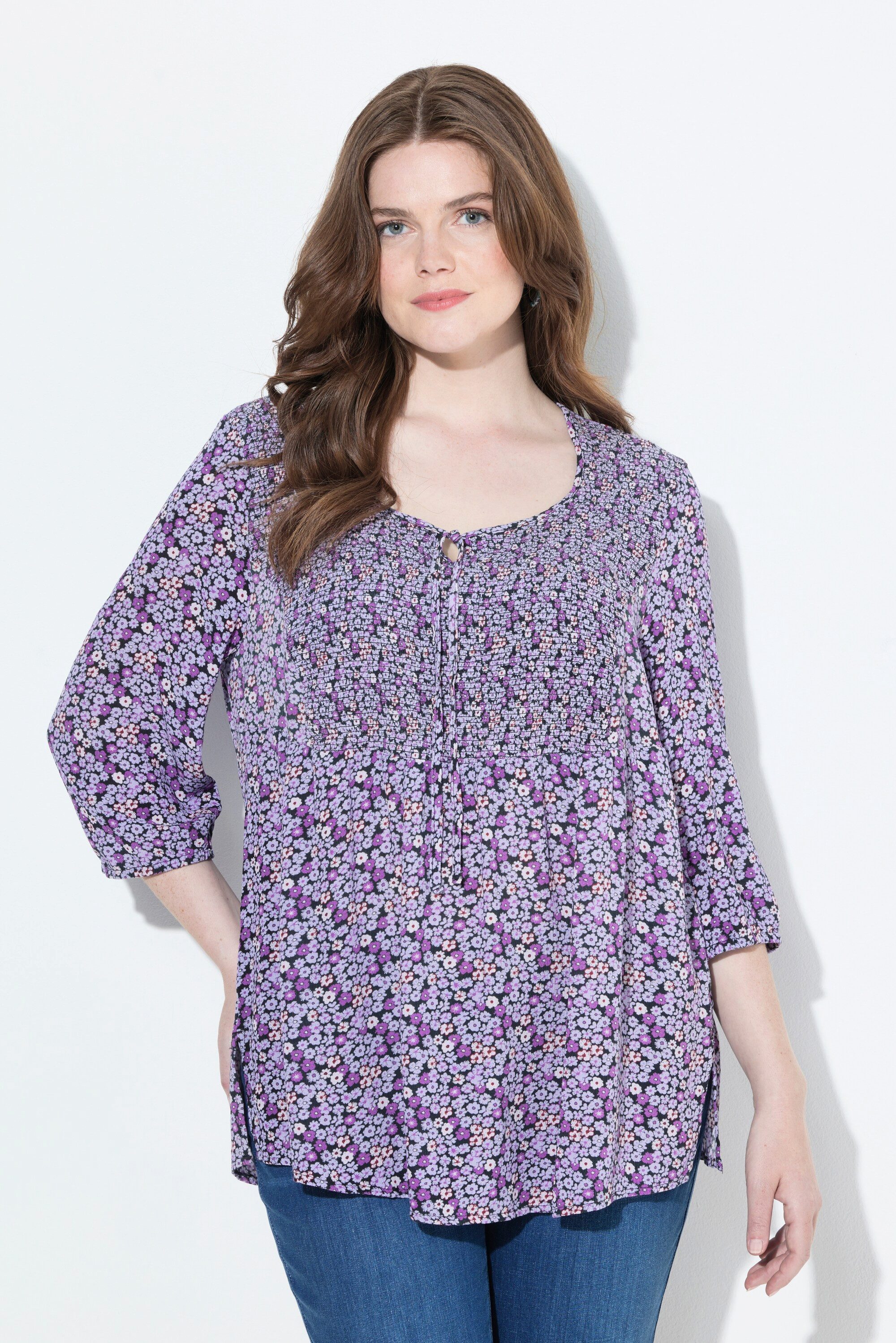 Ulla Popken Tunika Smokbluse Blüten A-Linie Rundhals 3/4-Arm günstig online kaufen