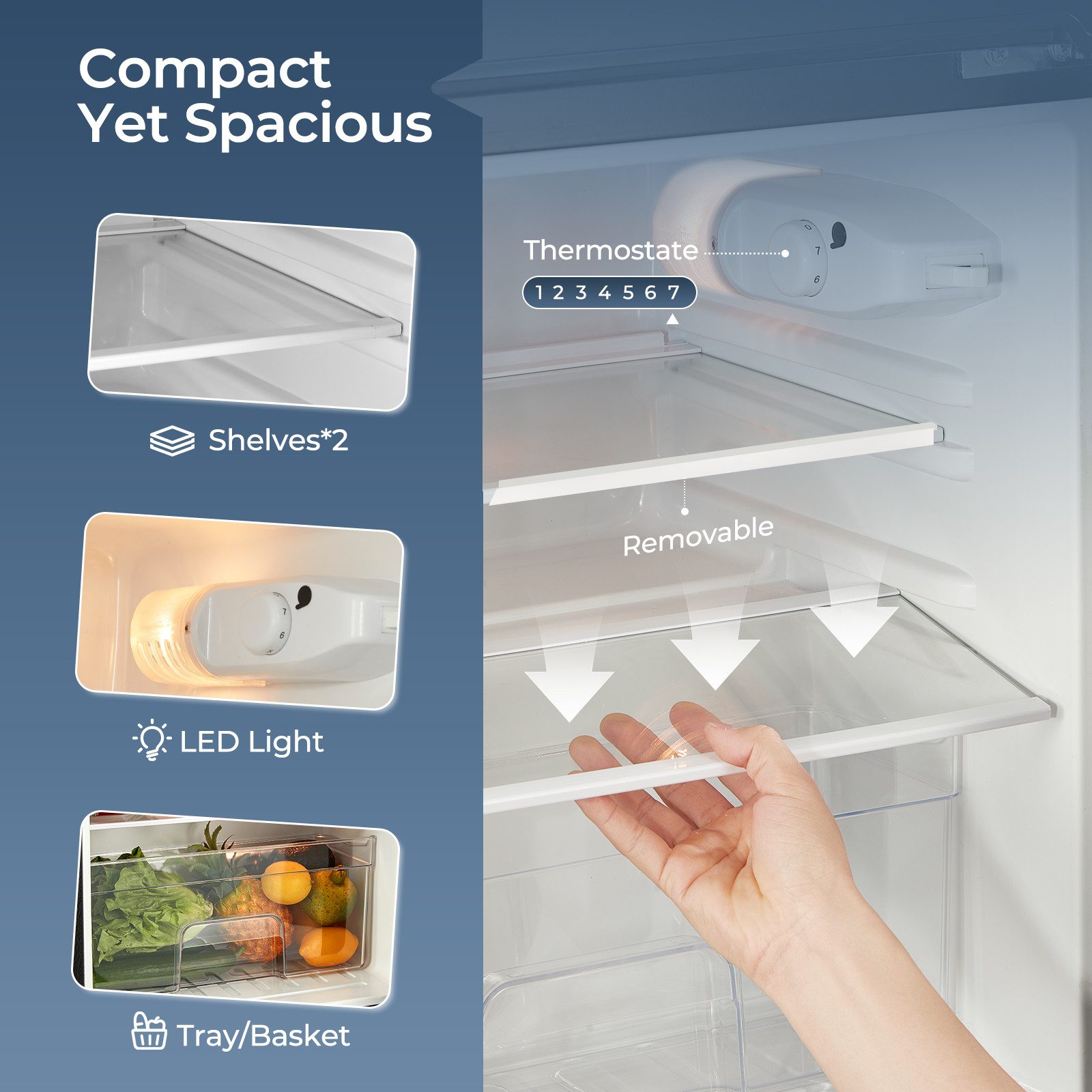 FOHERE Kühlschrank Kühl-Gefrierkombinationen, Kühlschrank 90L, Verstellebare Ablage und Füße, mit 2 Wechselbare Tür BCD-90, 84,5 cm hoch, 50.5 cm breit – Bild 4 von 5