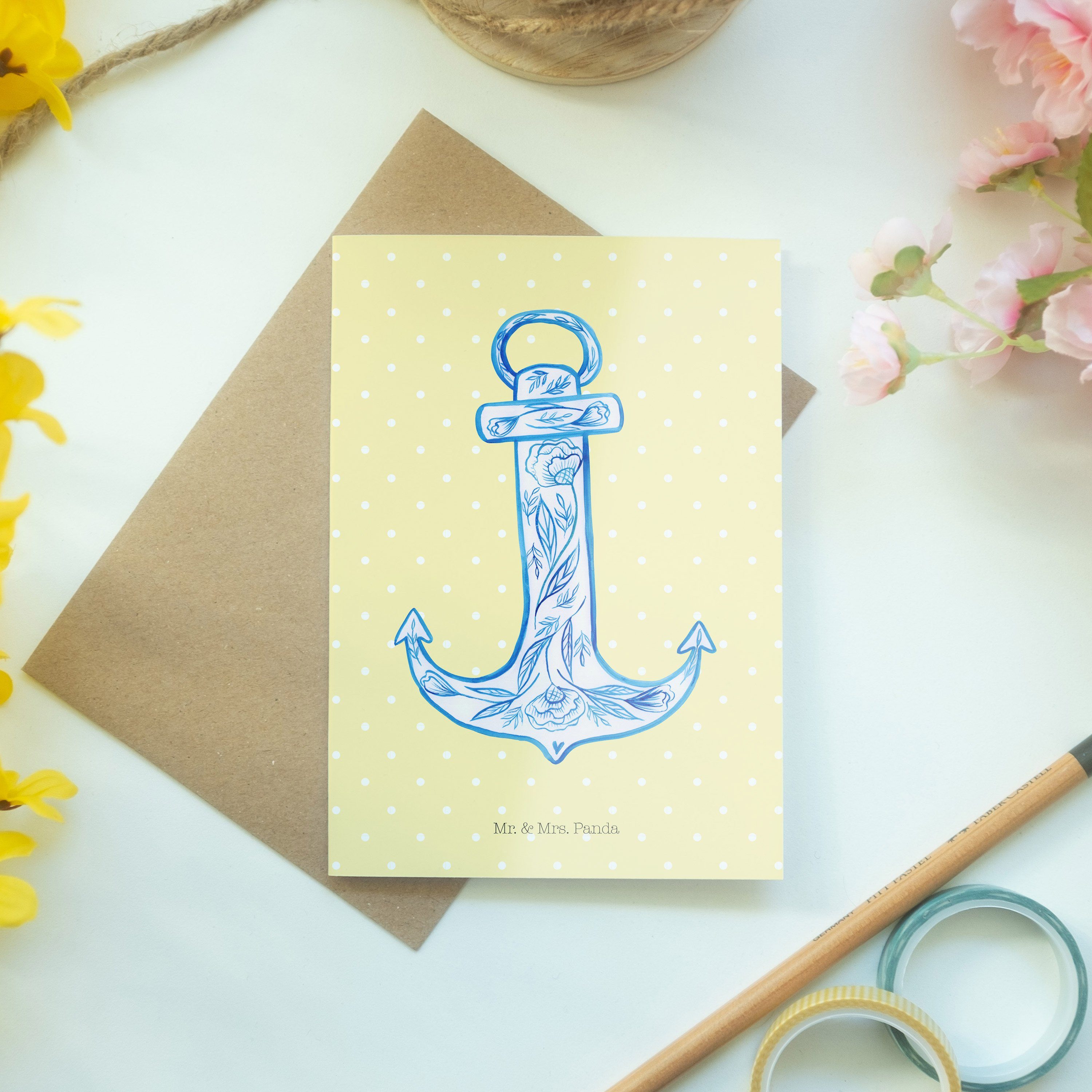 Blau - Panda Mrs. Mr. Pastell & - Geschenk, Anker Gelb Tiere, Geburt Glückwunschkarte, Grußkarte
