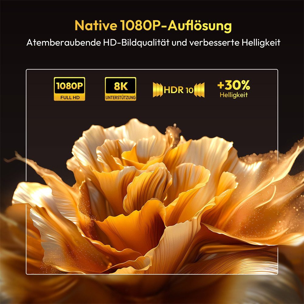 XGODY Tragbarer Smart-Projektor UHD-Beamer (25000 lm, 15000:1, 1920x1080 px, Native 1080p Android 14 unterstützt 200'' 4K-Video-Outdoor-Projektor)
