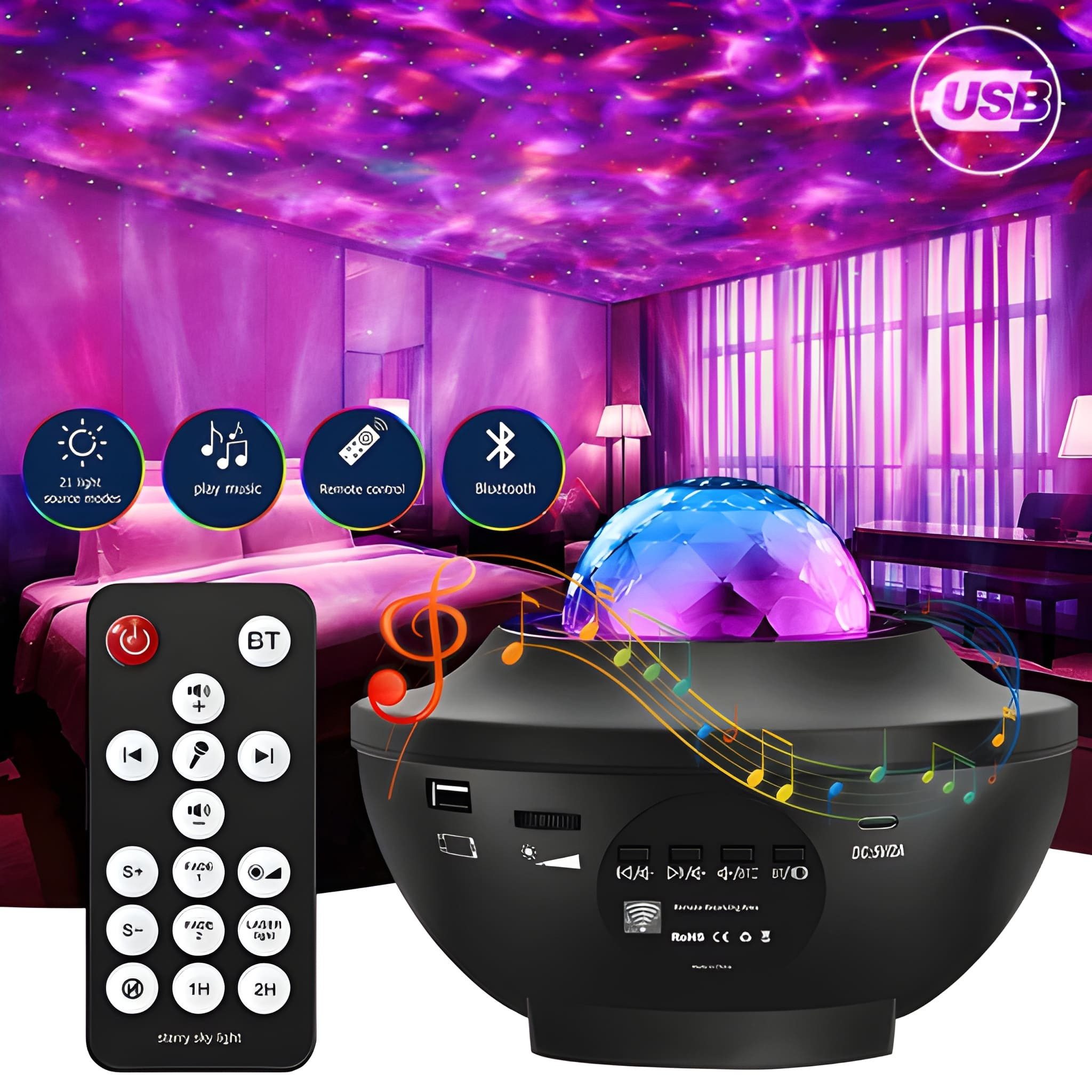 Athlix Projektionslampe LED Nachtlicht LED Sternenhimmel Musik Lampe, Bluetooth für Kinder, LED fest integriert, 21 Lichteffekte, Auto-Off-Timer, Dimmbar