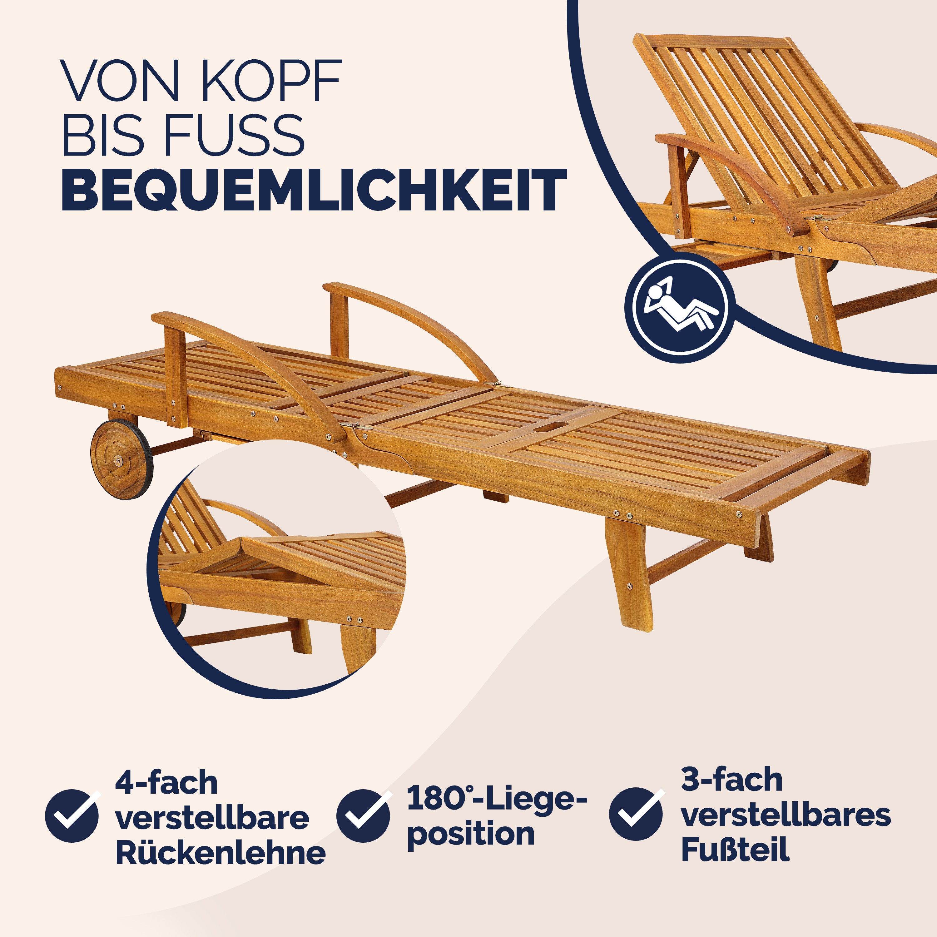 Casaria Gartenliege Braun, Akazien Holz verstellbar Tisch ausziehbar klappbar 160 kg belastbar