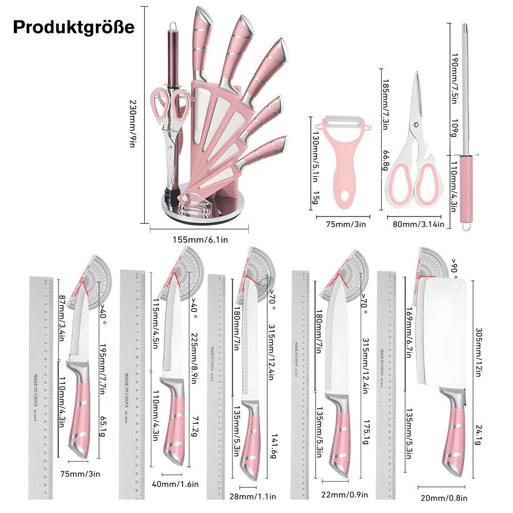 MDHAND Messer-Set 9-teiliges Küchenmesserset aus Edelstahl mit Antihaftklingen (9-tlg), Drehbarer Messerblock inkl. Schärfer, ergonomische Griffe