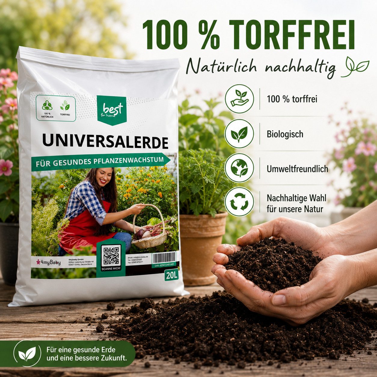 Best for Home Bio-Erde Bio-Blumenerde – Torffrei, für Zimmer- & Balkonpflanzen Universalerde, mit Organische Pflanzerde, (Einzelartikel, 1-St., 20L / 50L Sack), Bio und torffrei, ideal für Blumenbeete und Kübel