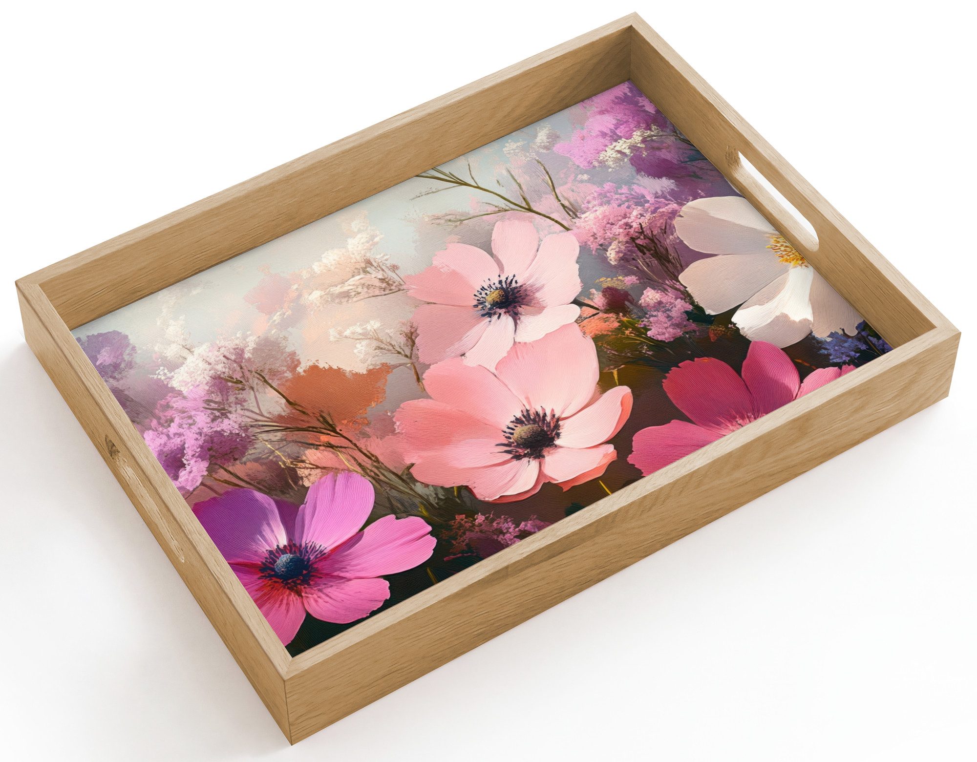 OnlyWow Tablett Rechteckig mit Henkel Blumen - Bunt - Blühend, Eichenholz, (1-tlg), Siervierplatte, Tray, Frühstücksbrett