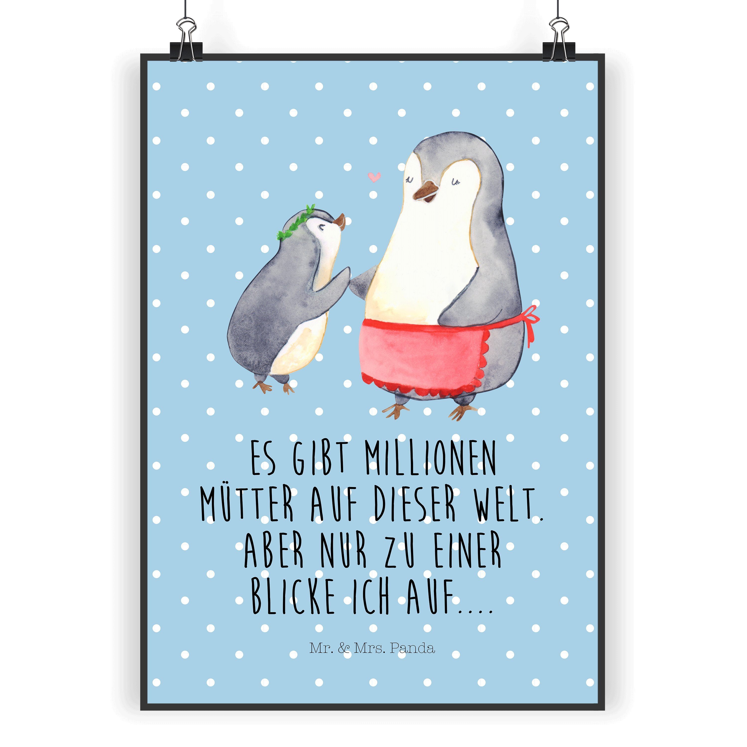 Mr. & Mrs. Panda Poster DIN A5 Pinguin mit Kind - Blau Pastell - Geschenk, Vatertag, Raumdeko, Pinguin mit Kind (1 St), Lebendige Farben