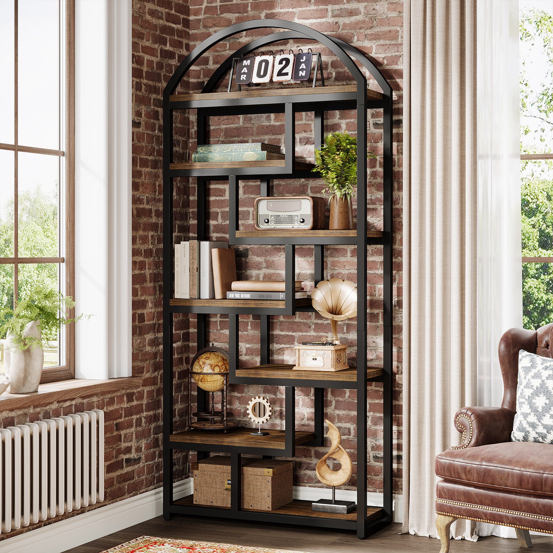 Tribesigns Bücherregal 180cm Bogendesign 7 Fachböden Industrial Regal Braun Schwarz – Bild 2 von 5