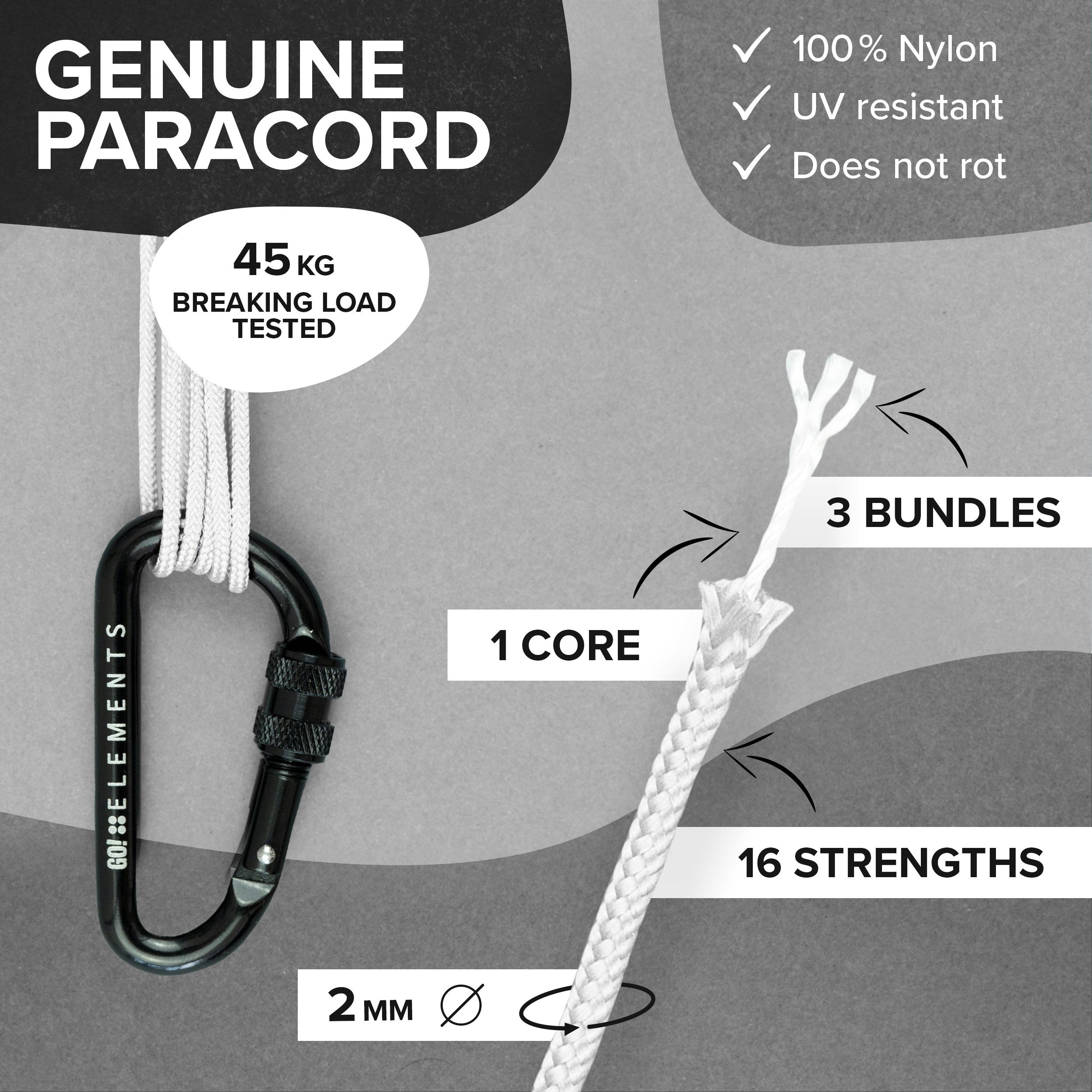 GO!elements Paracord 100 - 2mm Seil, Paracord 100 aus reißfester Nylonschnur