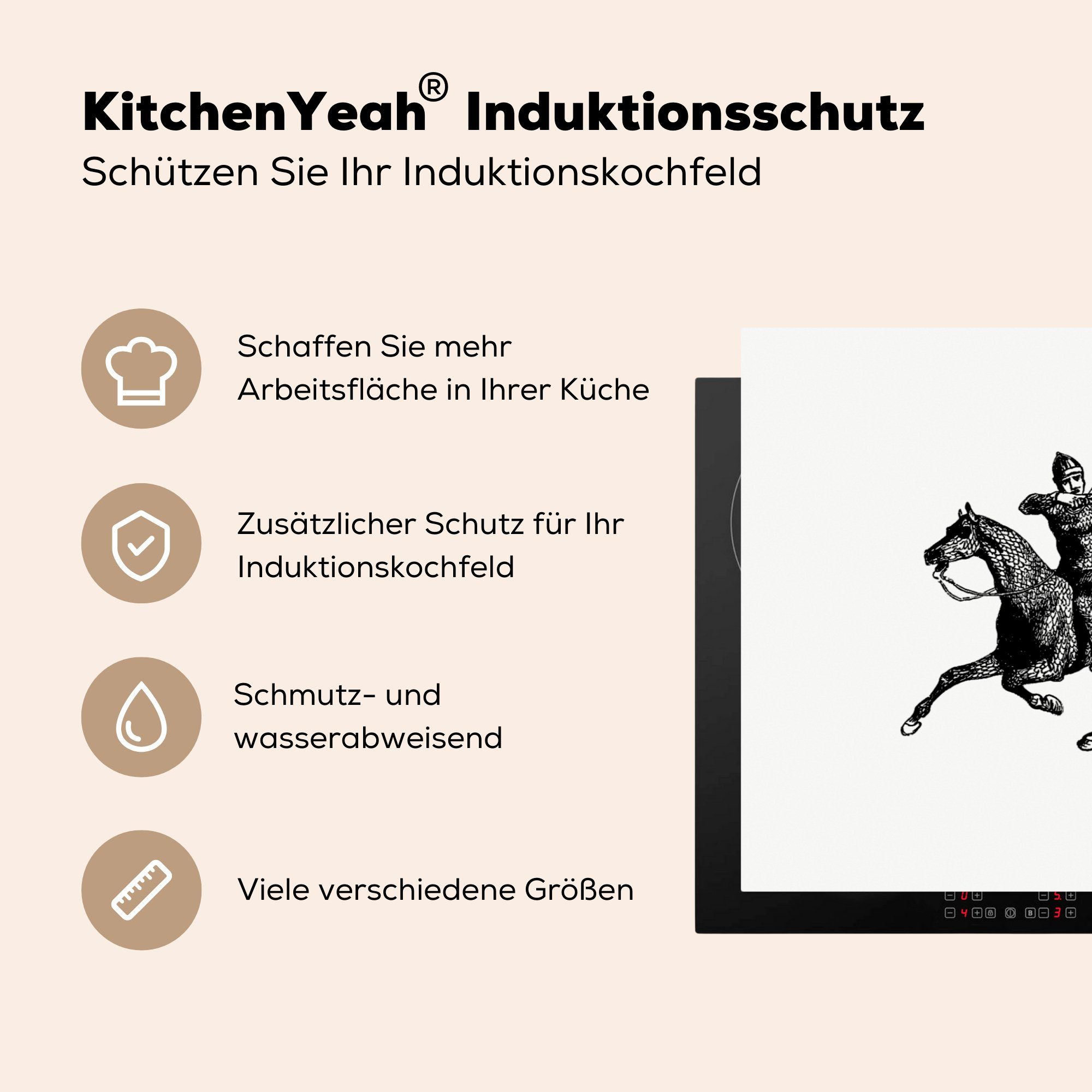 Vinyl, Ceranfeldabdeckung Ritter tlg), küche, - Schutz MuchoWow Pferde die (1 - Herdblende-/Abdeckplatte Jahrgang, cm, 81x52 für Induktionskochfeld