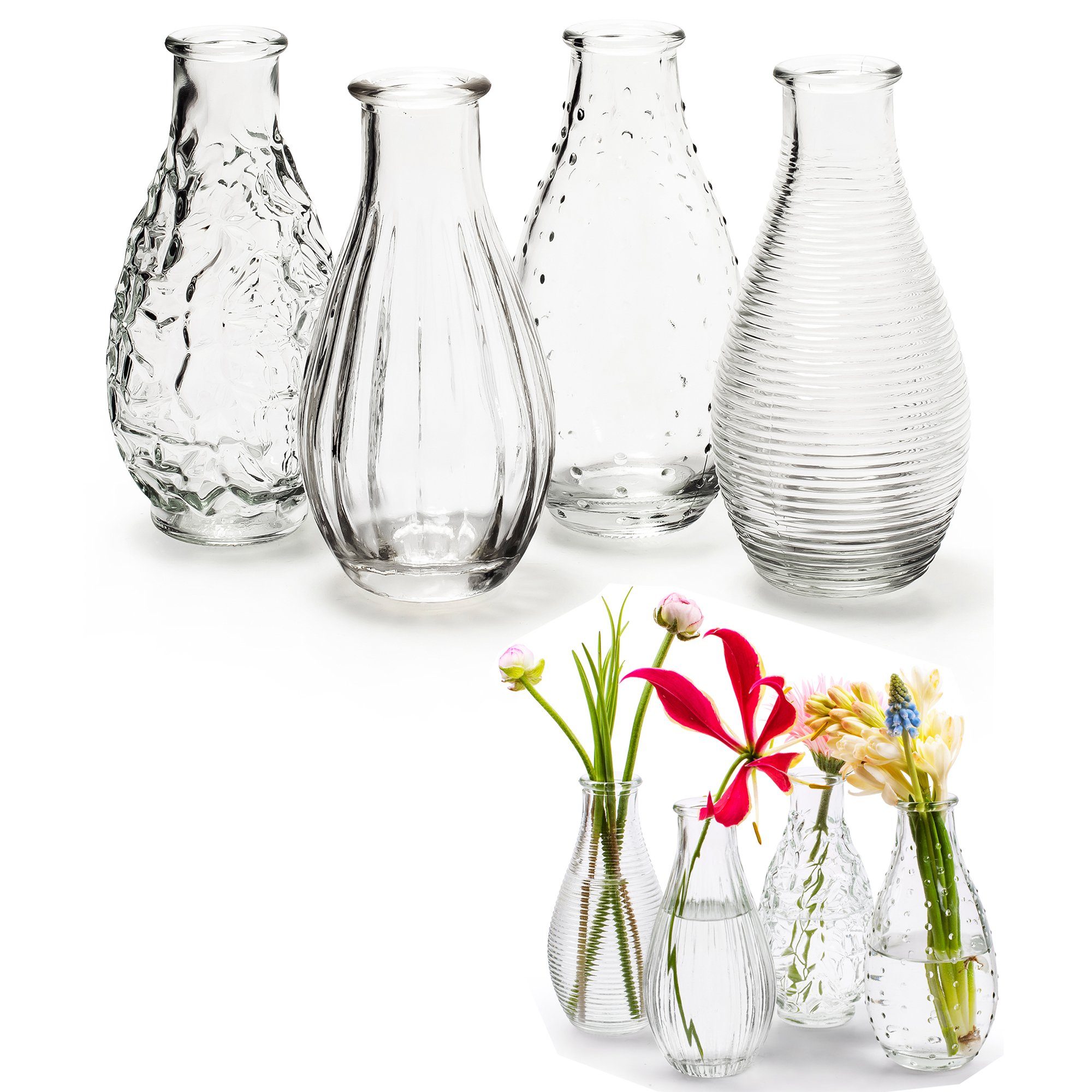 Annastore Dekovase 12 kleine Vasen aus Glas Vintage Blumenvasen Tischvasen Glasvasen, Dekoflaschen, Glasflaschen, Glasfläschchen, Deko-Flaschen