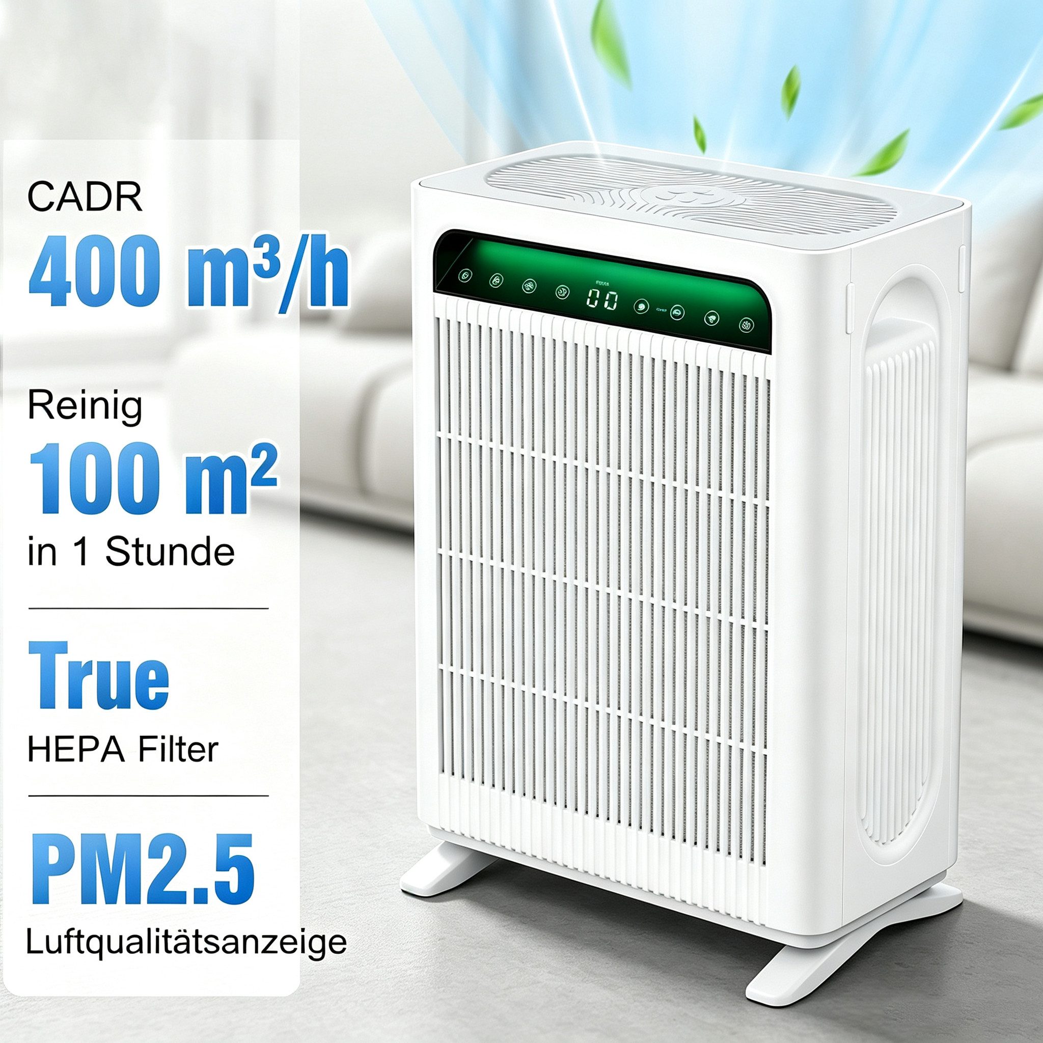 KNKA PRO Luftreiniger für Allergiker APH4000 Air Purifier HEPA Aktivkohle CADR 400m³/h, für 100 m² Räume, HEPA-Filter für Allergiker& Haustiere, AQI-Anzeige