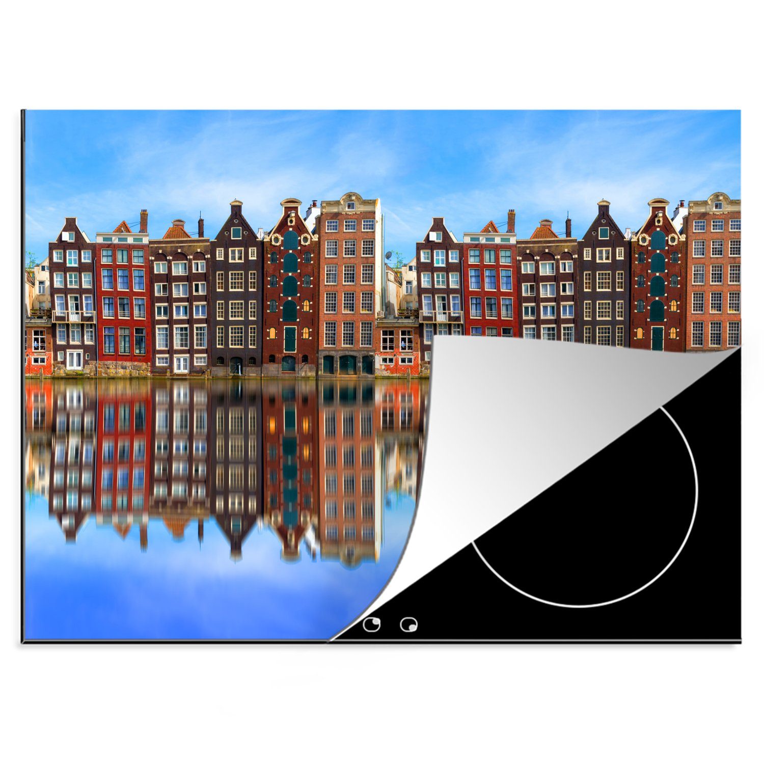 MuchoWow Herdblende-/Abdeckplatte Spiegelung der Amsterdamer Grachtenhäuser, Vinyl, (1 tlg), 70x52 cm, Mobile Arbeitsfläche nutzbar, Ceranfeldabdeckung