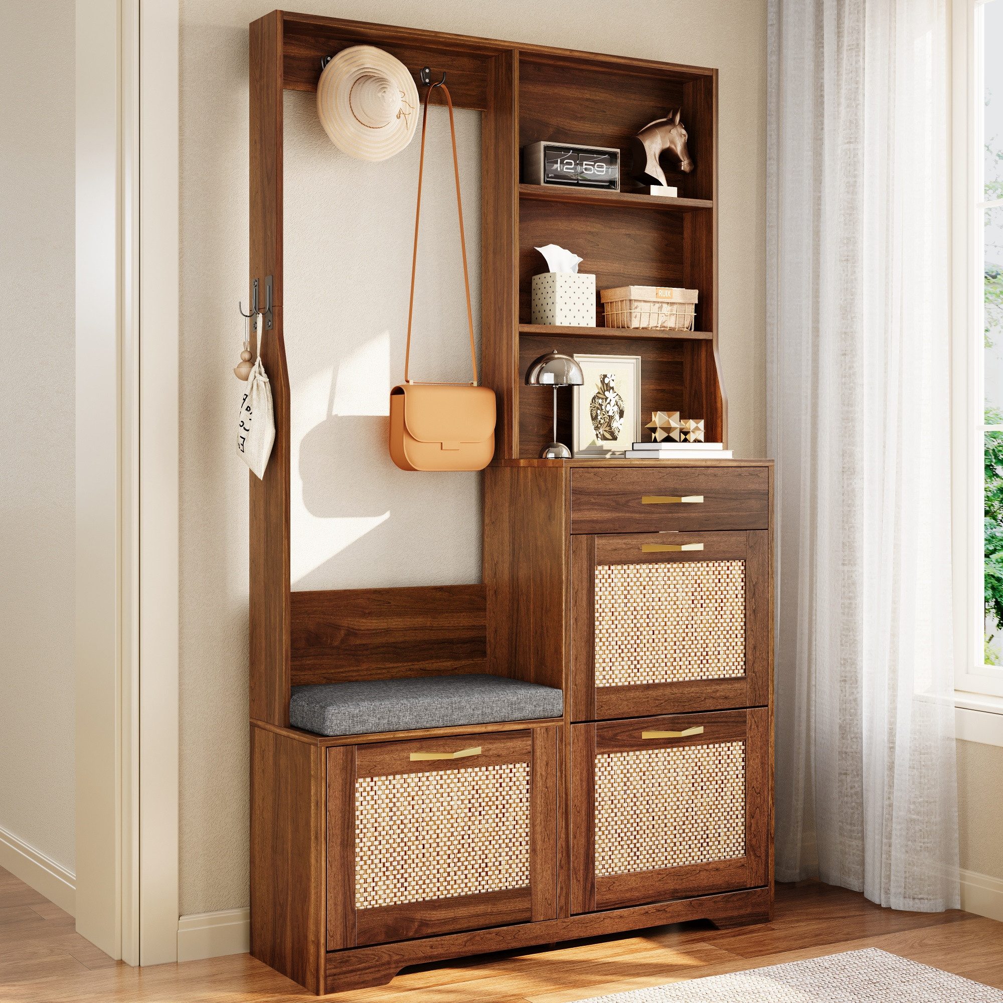 Merax Garderoben-Set mit Rattan-Front, Flurgarderobe mit Schuhschrank mit 3 Klappen, (1-St., 100 x 30 x 170 cm (L x B x H), Garderobenschrank mit Sitzbank,Kleiderhaken, Schublade,offenen Regalen