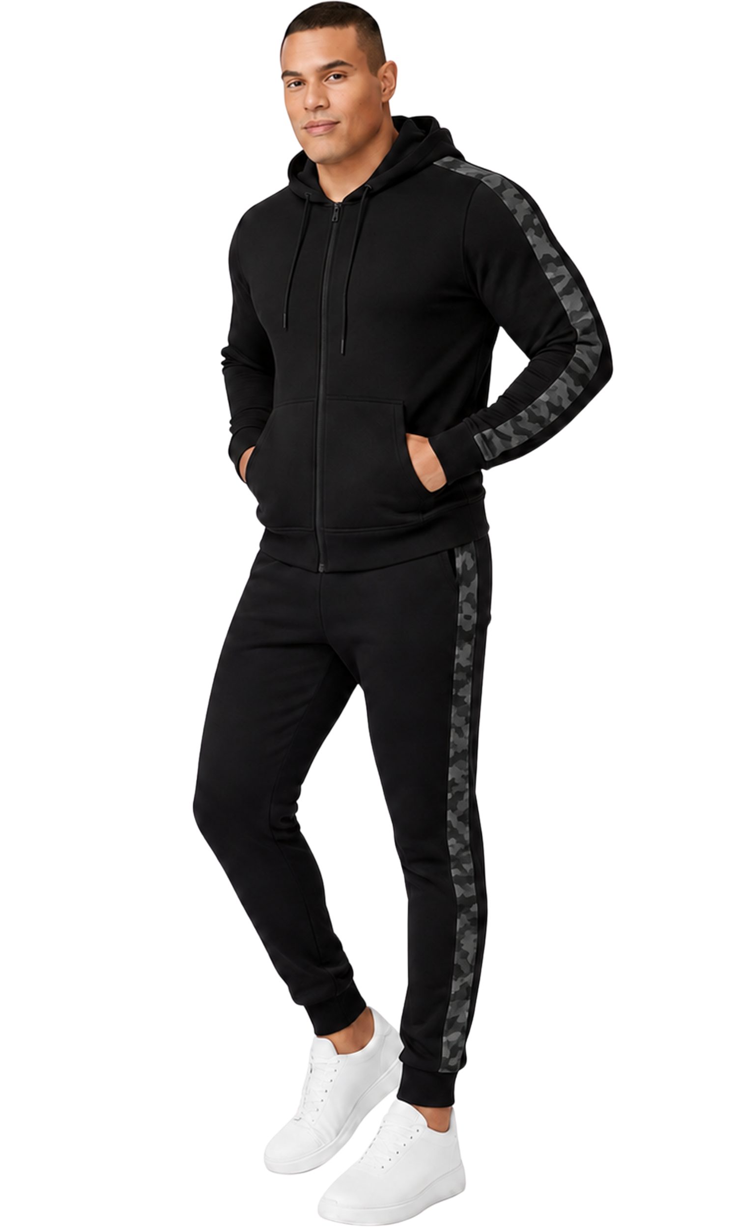 L.gonline Freizeitanzug Herren Jogginganzug einfarbig 100% BW 586 Camouflage XL (Kapuzenjacke mit Reißverschluss, Hose, 2-tlg), Fitness Freizeit Casual