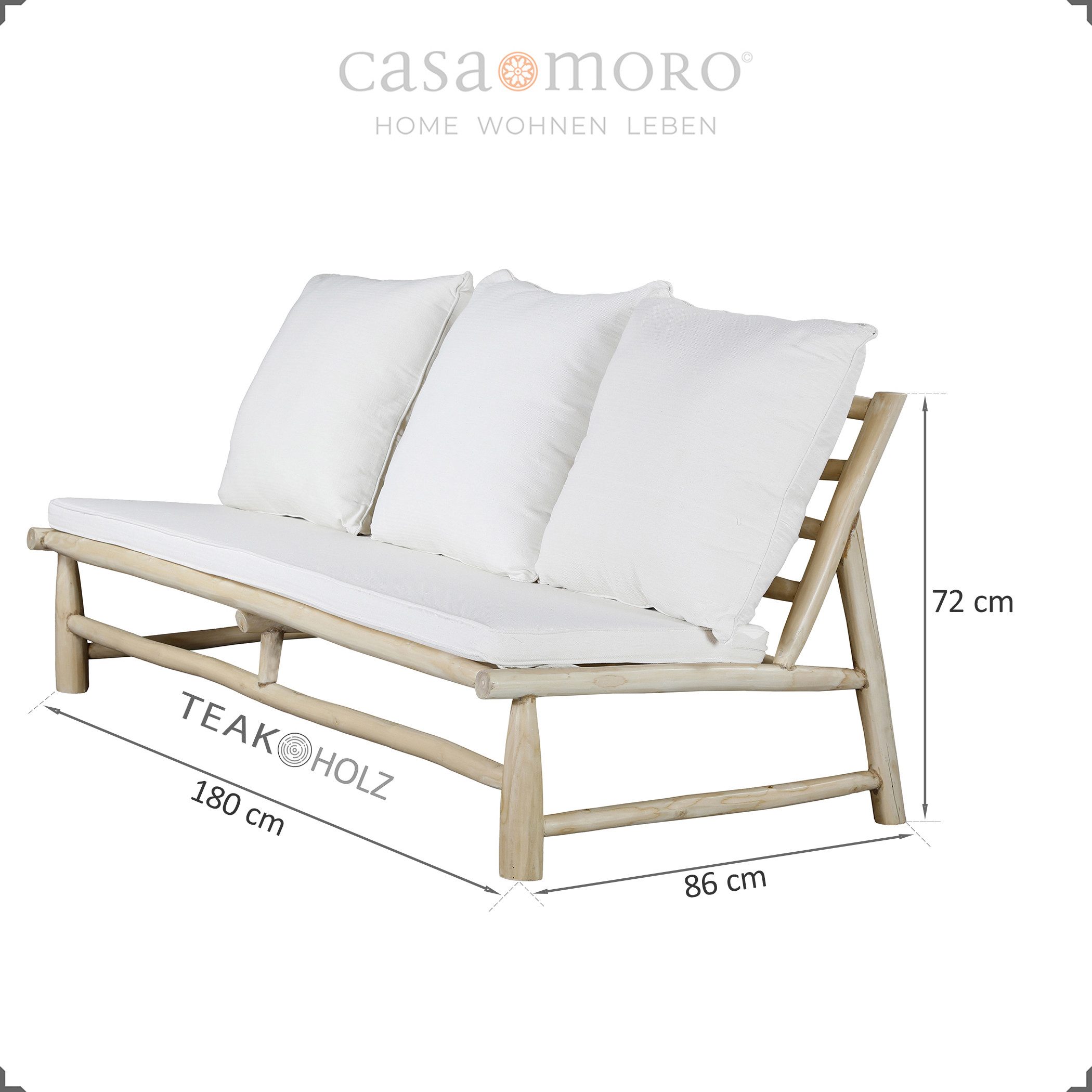 Casa Moro Gartensofa 3 Sitzer Sofa Teak Holz 3er Loungesofa Outdoor Indoor & Outdoor, aus naturbelassenen, massiven Teakholz-Ästen handgefertigt