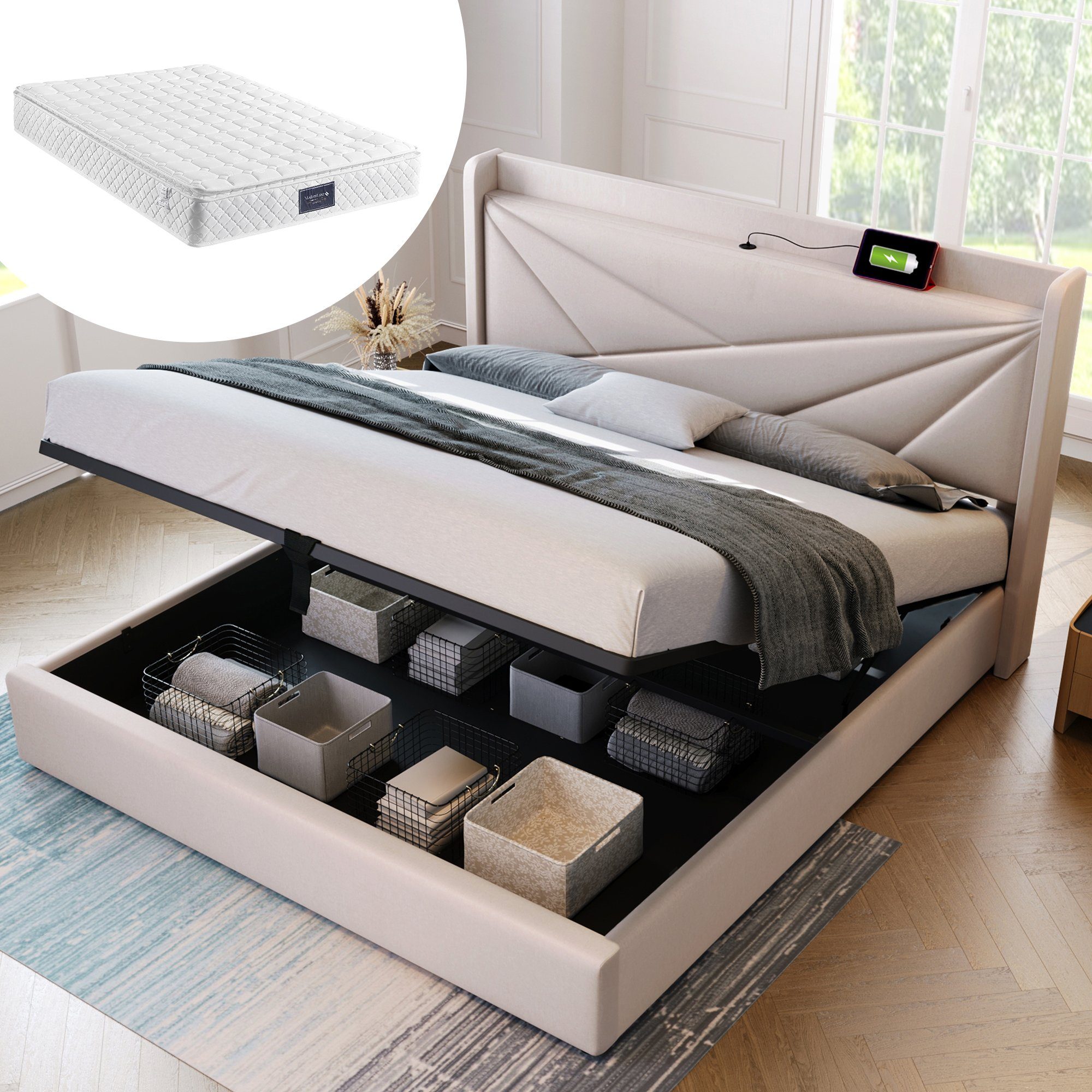 Odikalo Stauraumbett Polsterbett Doppelbett USB-C Ladefunktion Lattenrost 9 günstig online kaufen