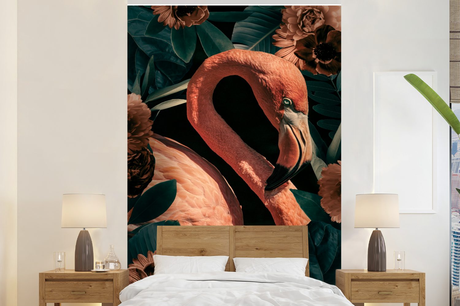 MuchoWow Fototapete Porträt - Blumen - Flamingo, Matt, bedruckt, (3 St), Montagefertig Vinyl Tapete für Wohnzimmer, Wandtapete