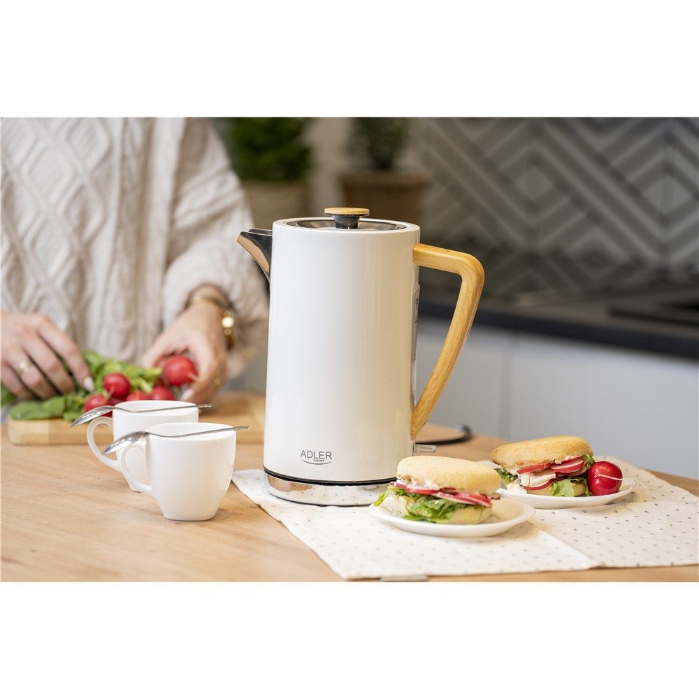 ADLER EUROPE Wasserkocher AD 1347w Edelstahl Wasserkocher, mit STRIX Sicherheitssystem, 1,7 l, 2200 W, 360° Basis, abnehmbarem Deckel, Weiß