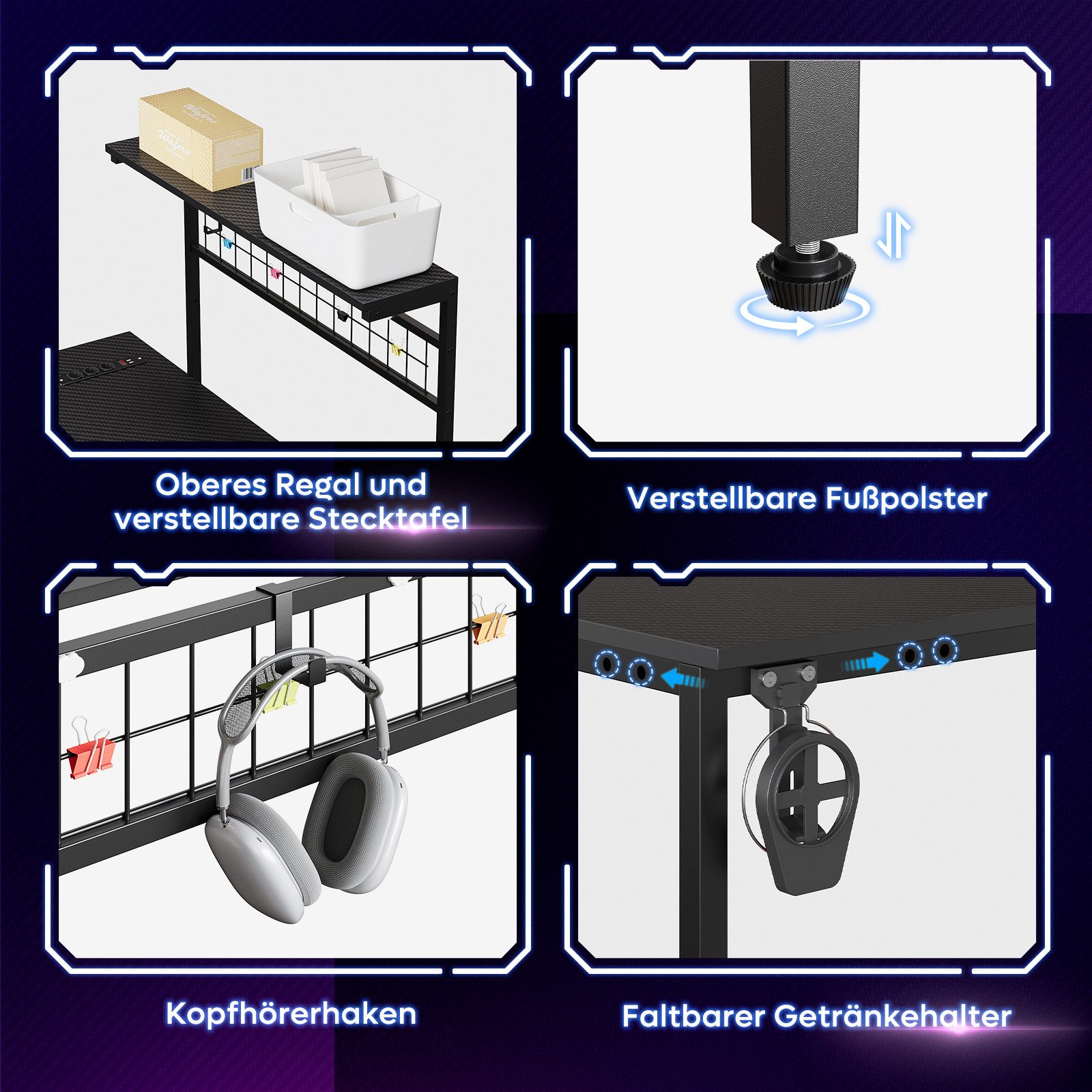 Bestier Gamingtisch L-förmiger Gamingtisch mit LED-Beleuchtung (106,6 x 82,5 x 134,95 cm Schreibtisch mit Regal, 1 Tisch mit Haken), Jugendschreibtische mit 3 Steckdosen & 2 USB-Anschlüsse