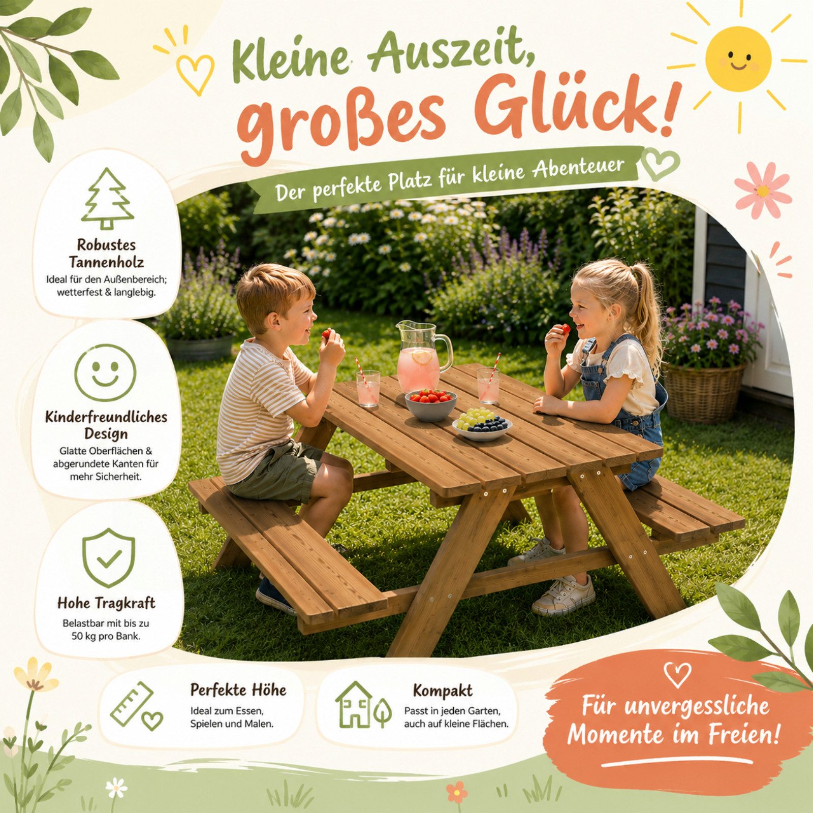 HAGO Garten-Kindersitzgruppe Sitzset Gartenbank Essplatz Picknick Spieltisch Tanne Holz, (1-tlg) – Bild 4 von 5