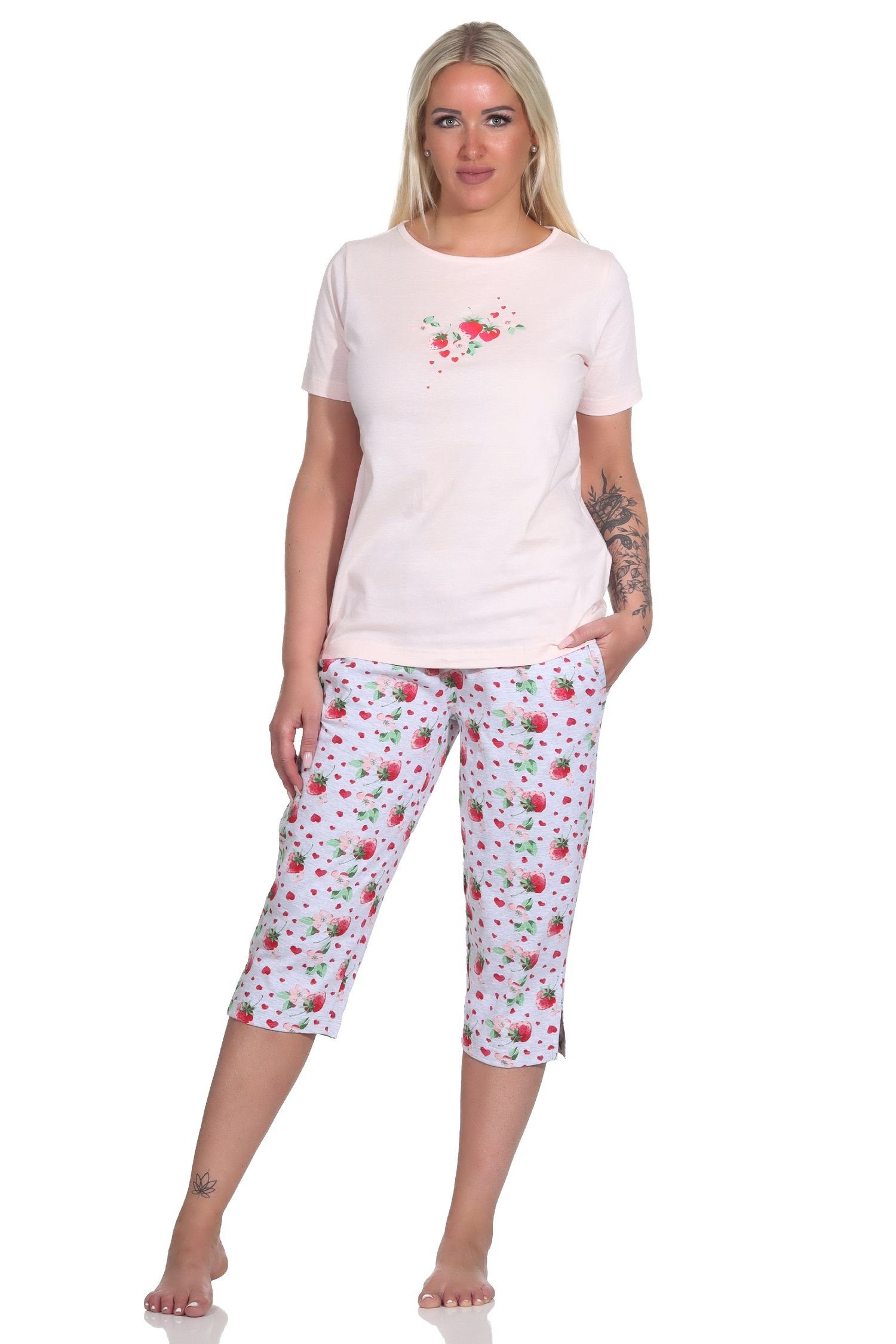 Erdbeeren Motiv Capri Normann Schlafanzug als rosa Damen Süsser kurzarm mit Pyjama