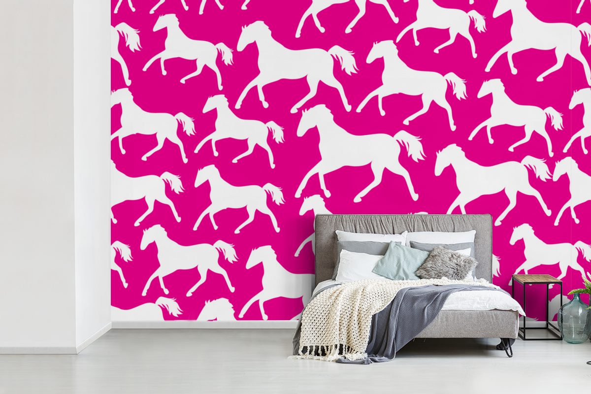 Mädchen, Mädchen Fototapete - - Weiß Kinderzimmer, bedruckt, Kinder St), Pferde Wohnzimmer, - Wallpaper für - Tiere Matt, (6 Tapete MuchoWow Vinyl Schlafzimmer, -