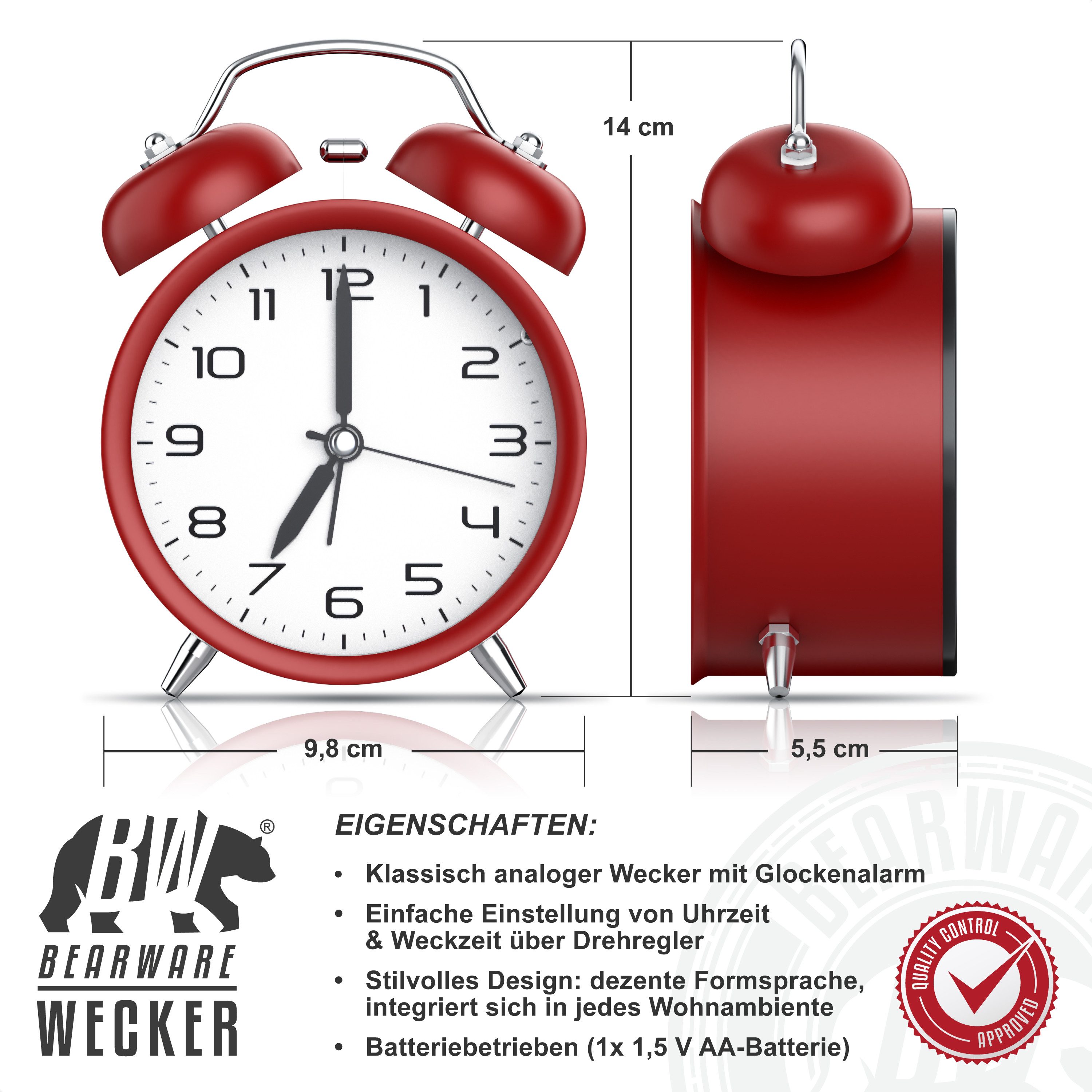 BEARWARE Wecker Analog, rund, mit Licht, Retro, lauter Glockenalarm für Tiefschläfer Einfache Bedienung, weiße Tafel, Beleuchtet, ohne Ticken, Vintage