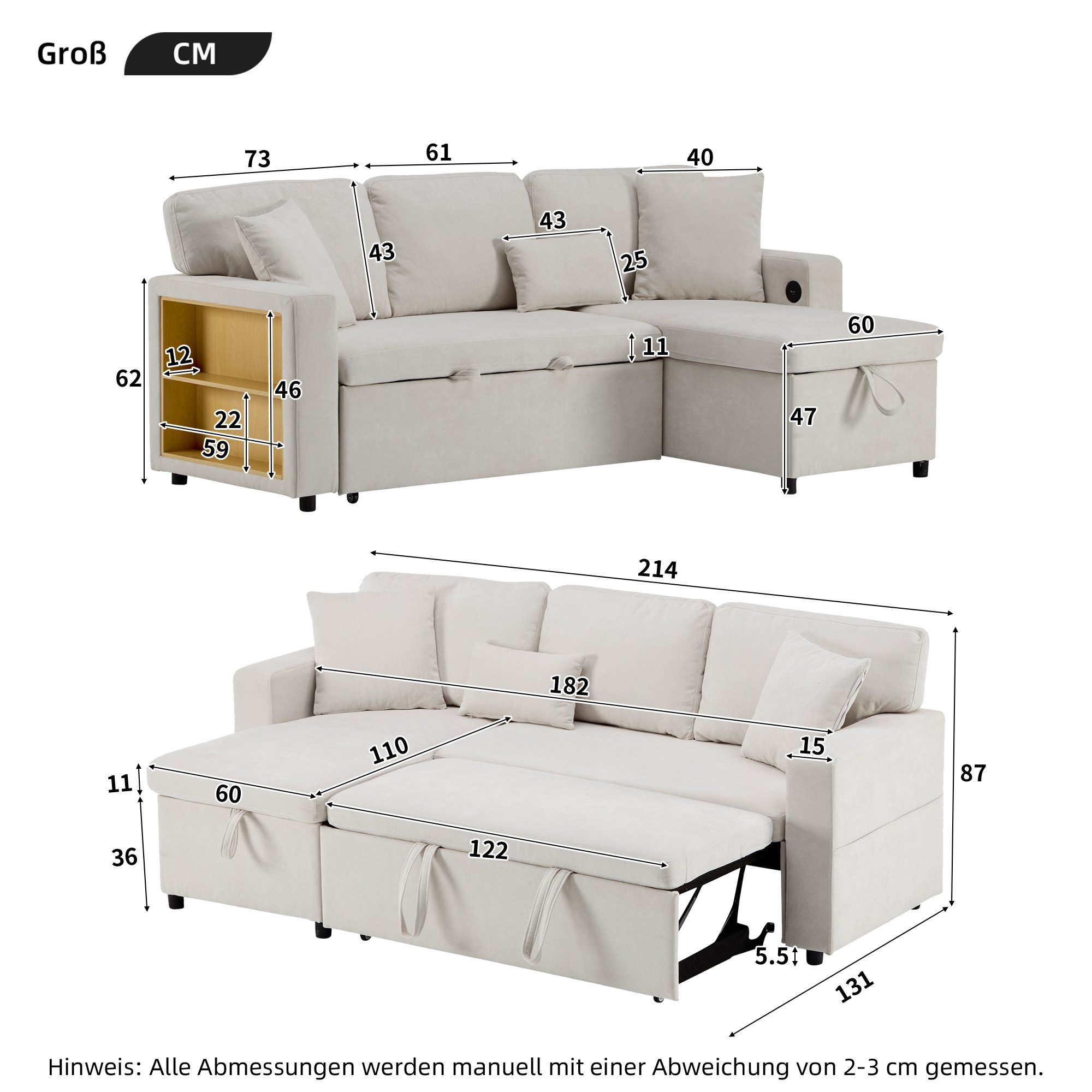 Merax Ecksofa L-Form Sofa, Loungesessel mit Schlaffunktion, Bettkasten, int günstig online kaufen