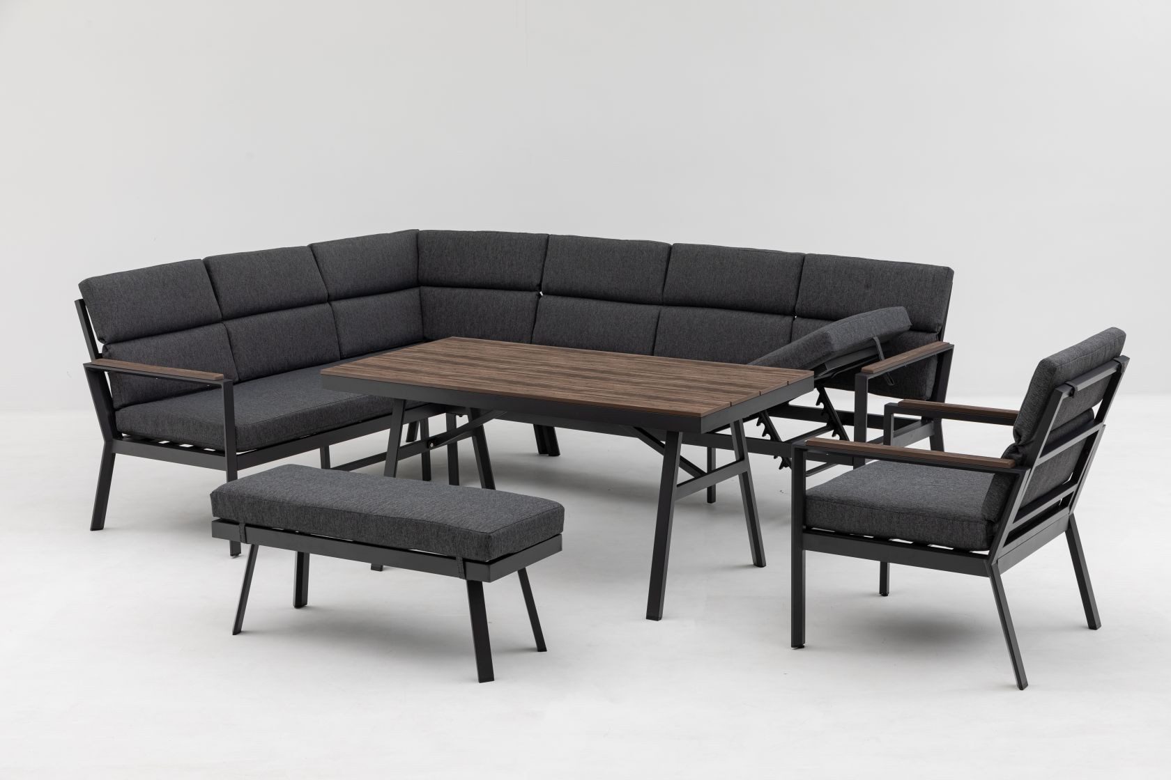 Gardissimo Gartenlounge-Set Nara Oak XL links / Gartenmöbelset / Nonwood, (Set, 4-tlg., Alu, Ecklounge, Esstisch, Sessel, Bank, inkl. Auflagen), Dining Höhe, Liegefunktion, wetterfest