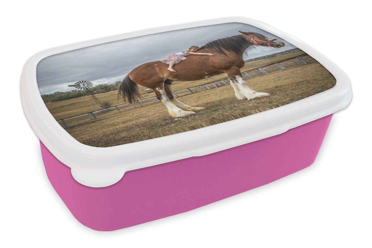 MuchoWow Lunchbox Pferd - Mädchen - Wiese, Kunststoff, (2-tlg), Brotbox für Erwachsene, Brotdose Kinder, Snackbox, Mädchen, Kunststoff rosa