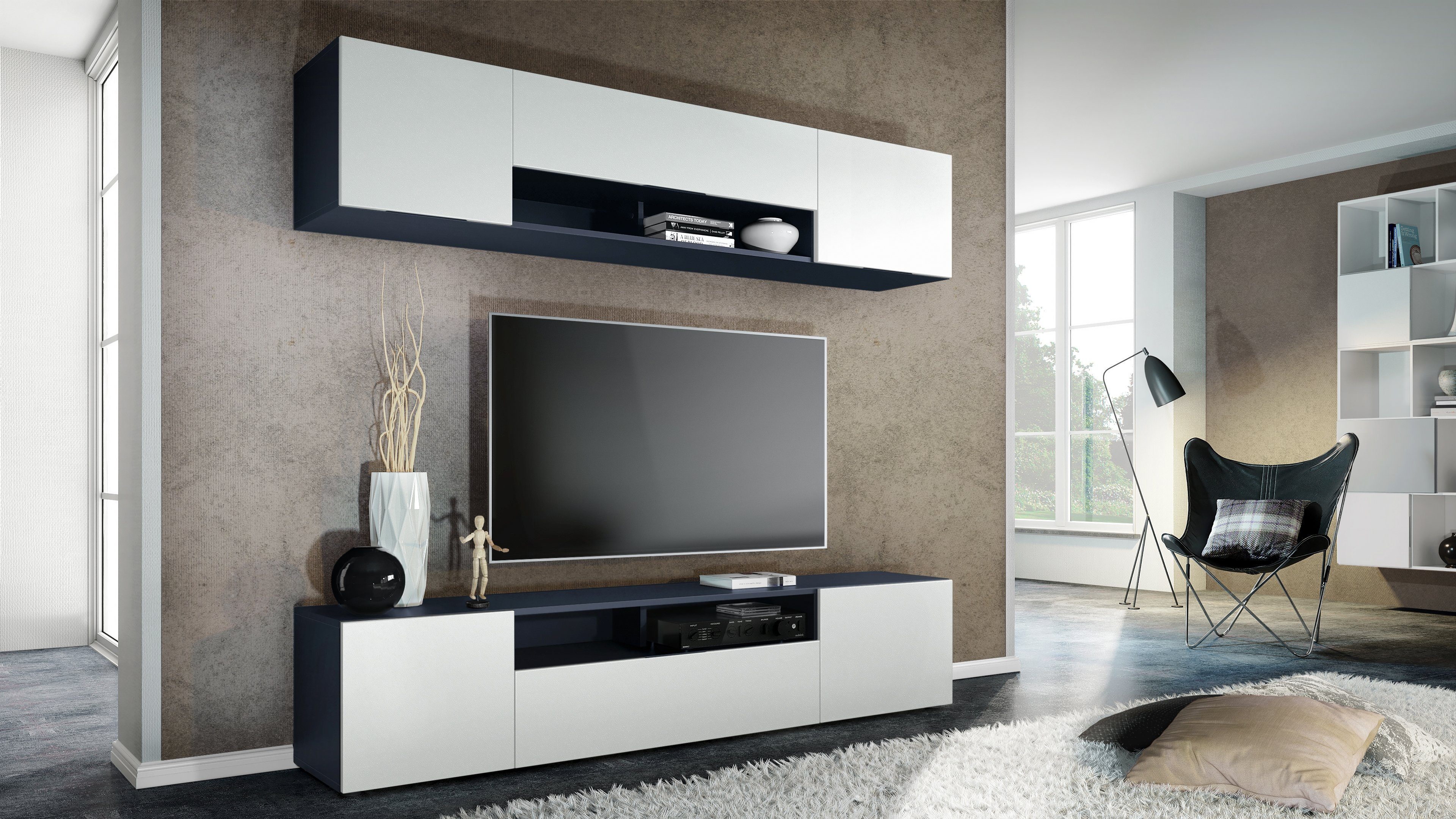 Vladon Wohnwand Mogan, (Anbauwand bestehend aus 2 TV-Boards, mit jeweils 2 Türen, 1 Klappe und 1 offenes Fach), Anthrazit matt/Weiß matt 2x (181 x 39 x 35 cm)