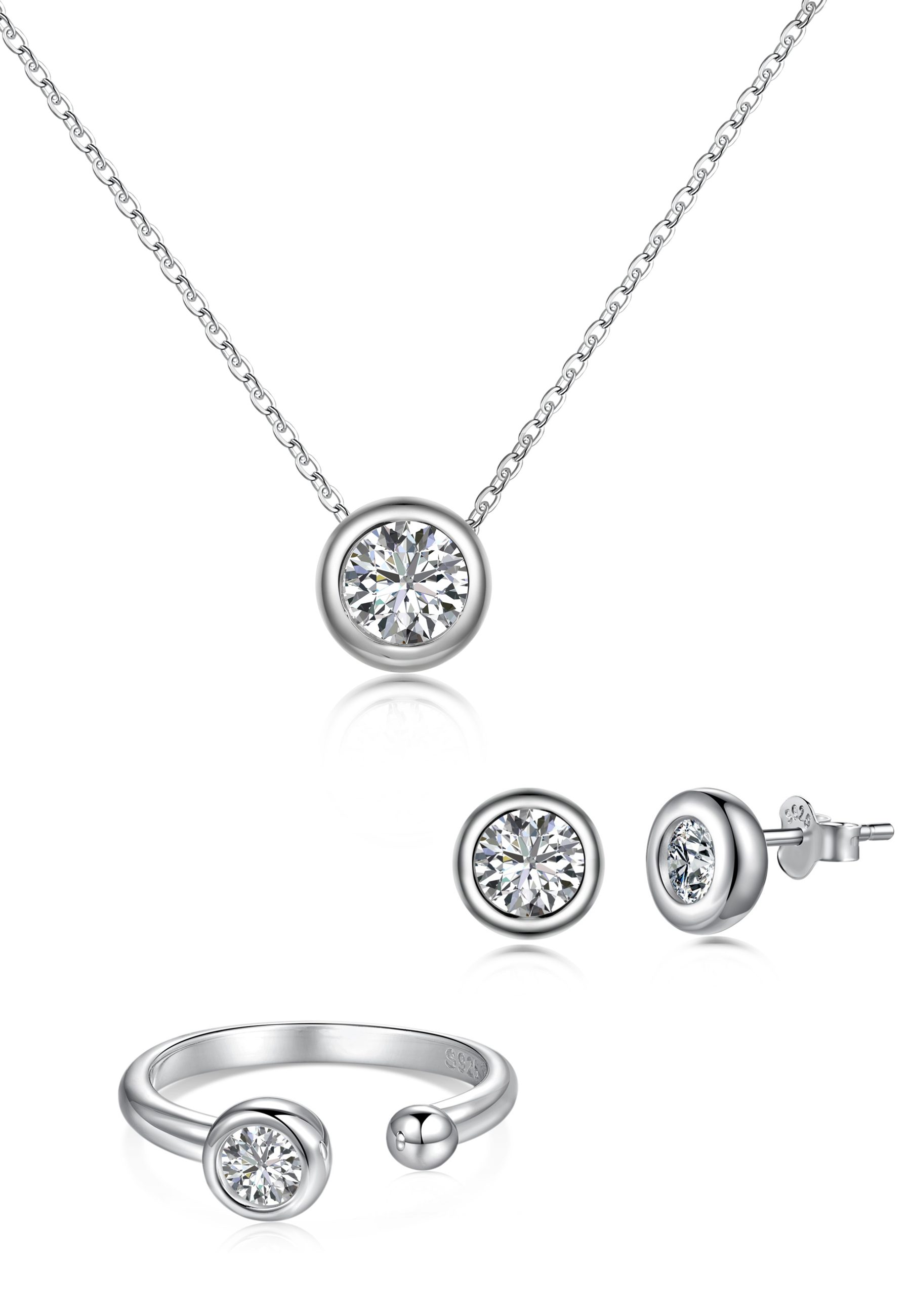 BRELLATO Schmuckset Solitär Set Damen Kristall Ring Halskette Anhänger Ohrstecker, (Geschenk-Idee, Geschenkset Damen-Schmuck Kette mit Ice-Crushed-Schliff Zirkon Kristall, 4-tlg., inkl., Ohrringe, Schmuck-Box, zum, Valentinstag, Muttertag, Weihnachten), Kristall-Collier Sterling Silber 925 18K Weißgold Rhodiniert