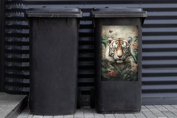 MuchoWow Wandsticker Tiger - Schmetterlinge - Tiere - Dschungel - Blumen (1 St), Mülleimer-aufkleber, Mülltonne, Sticker, Container, Abfalbehälter