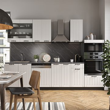 Livinity® Küchenzeile Fame-Line, Weiß Landhaus/Anthrazit, 300 cm mit Hochschrank, AP Ant...