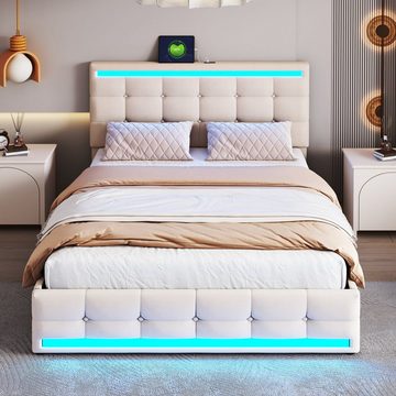 WISHDOR Polsterbett Gästebetten Doppelbetten Bett Polsterbett Heim-Betten140*200 (mit 4 Schubladen und 2 USB-Ladestationen, Bettrahmen mit LED-Leuchten Kopfteil Trittteil, gepolstertes Plattformbett mit Stauraum), Kopfteil höhenverstellbar, ohne Matratze