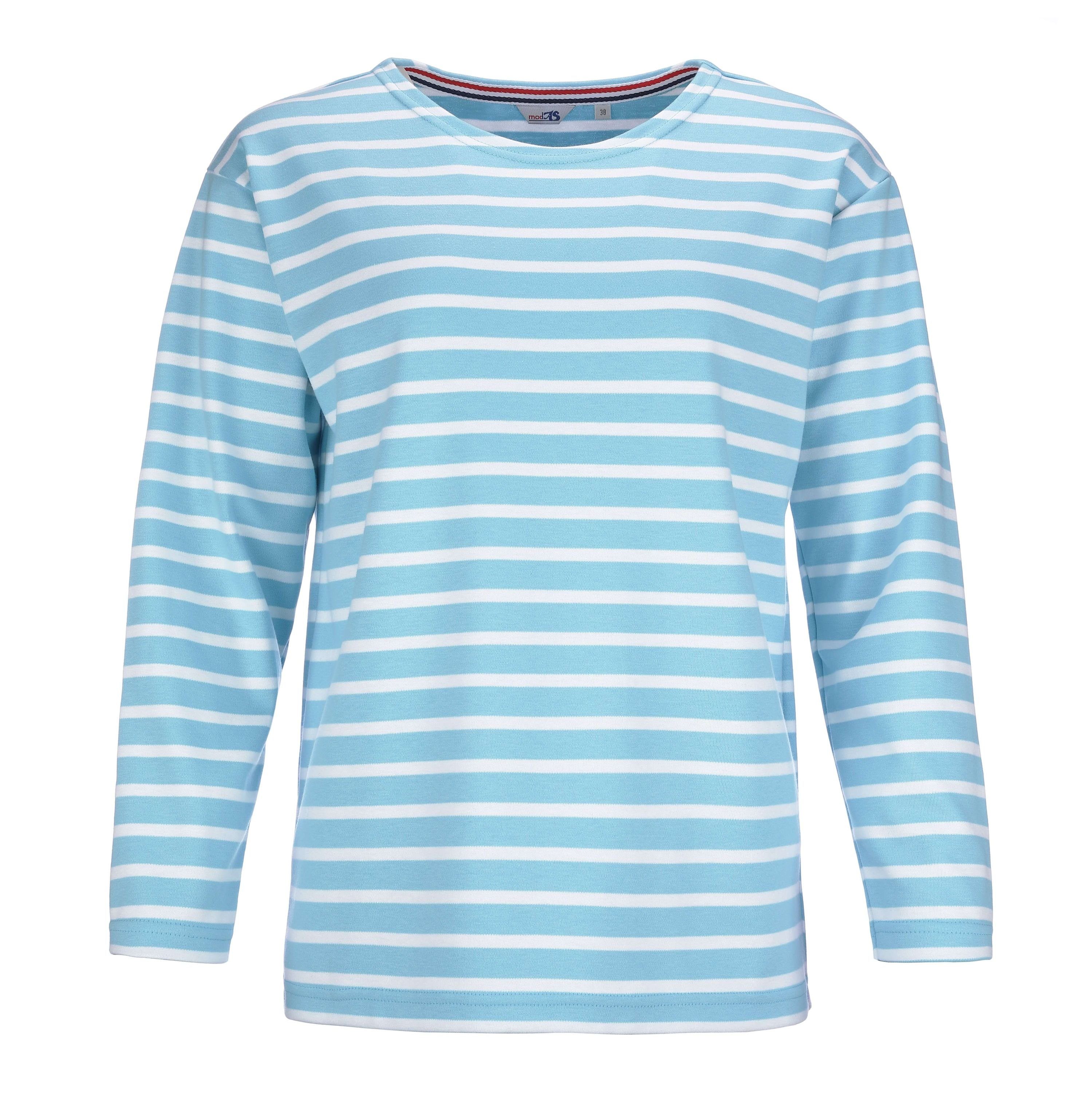 modAS Langarmshirt Damen Bretonisches Basic Shirt mit Streifen - Streifenshirt Baumwolle (18) aqua / weiß