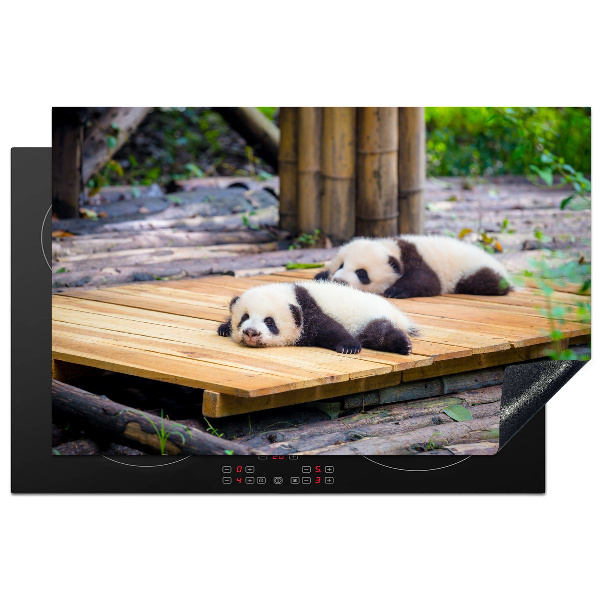 MuchoWow Herdblende-/Abdeckplatte Pandas - Boden - Holz, Vinyl, (1 tlg), 81x52 cm, Induktionskochfeld Schutz für die küche, Ceranfeldabdeckung