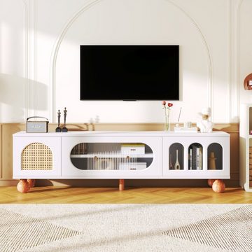 OKWISH TV-Schrank TV-Möbel Fernsehtisch Lowboard mit Glasschiebetüren, Rattantür, Stauraum, Fernsehtisch