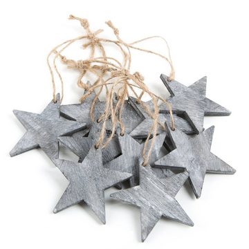Logbuch-Verlag Baumbehang 10 Sterne Weihnachtsanhänger aus Holz 10 cm (10 St), Christbaumanhänger in grau mit Jute Schnur