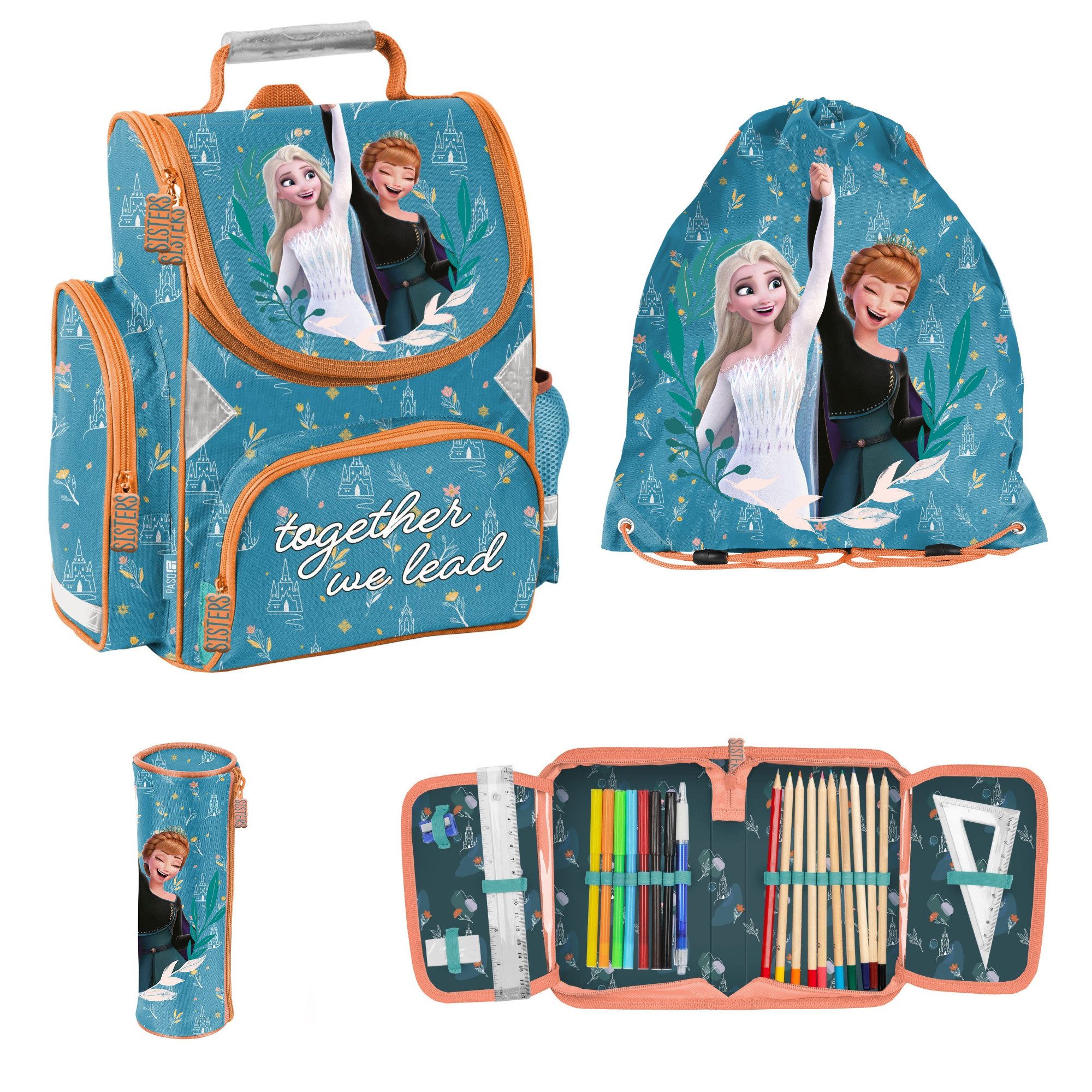 PASO Schulranzen 4-teiliges Schulset Frozen - blau (Schulranzen + Turnbeutel + befüllte Federmappe + Faulenzer)