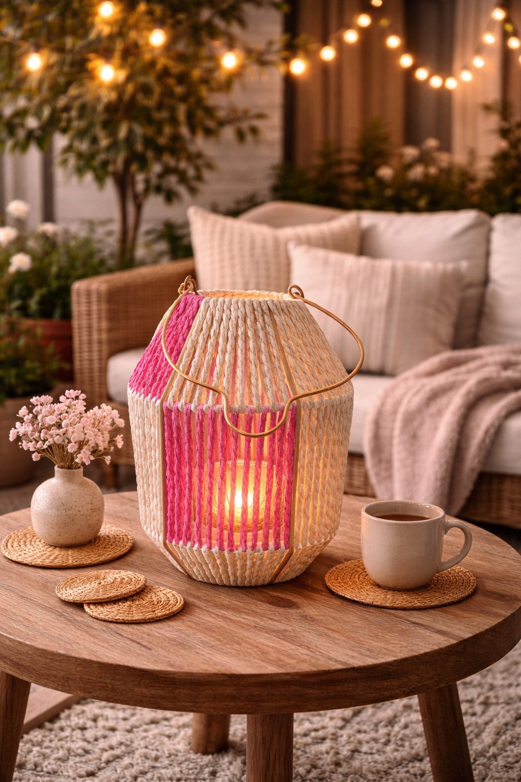 finehomegarden Kerzenlaterne Laterne mit Glas Einsatz natur/pink H25cm Glas Ø7,5cm H8cm Deko (1 St), Dekorative Gartenlaterne Tischlaterne für Kerzen Wohn- & Gartendeko