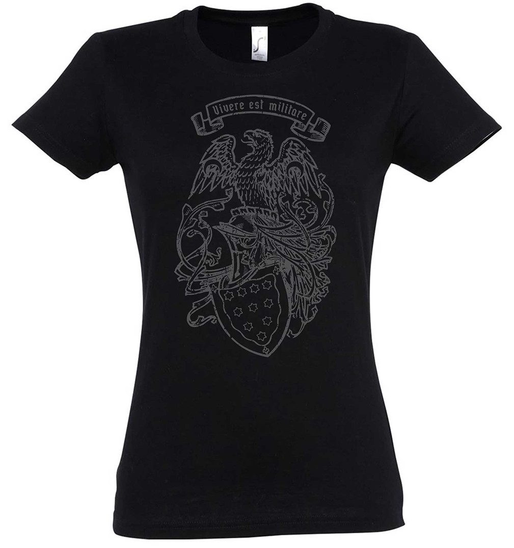 Urban Backwoods Print-Shirt Vivere Est Militare I Damen T-Shirt Soldier Ritter Knight Leben (1-tlg) Heißt Kämpfen Mittelalter Tempelritter