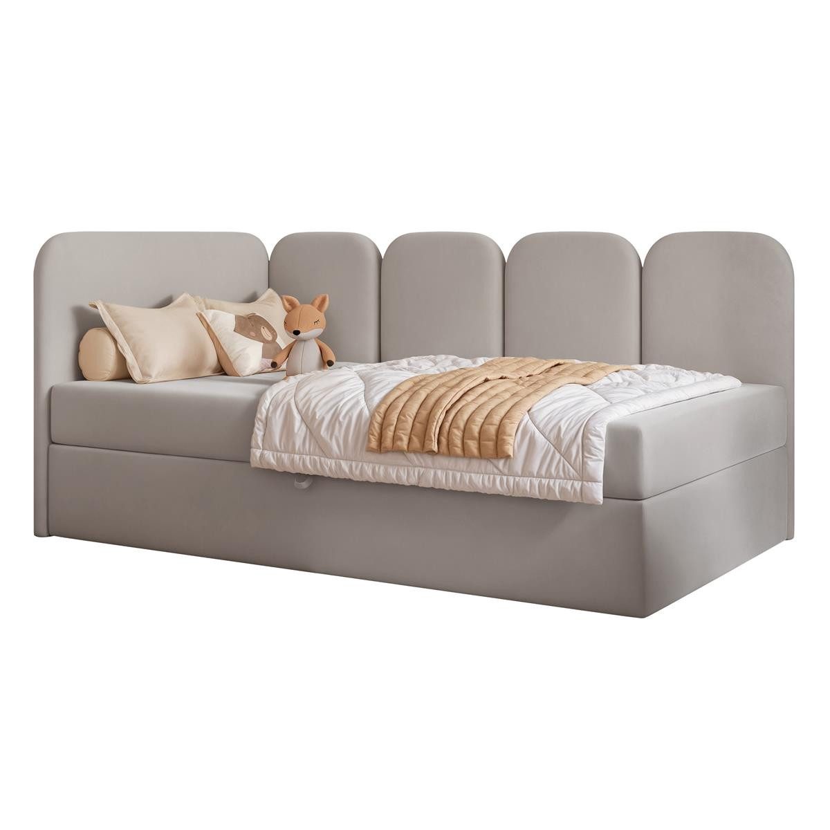 Compleo Boxspringbett Jugendbett DREAMY, Polsterbett mit Bettkasten, 80/90/100/120x200, Kopfteil links oder rechts, Boucle oder Velvet