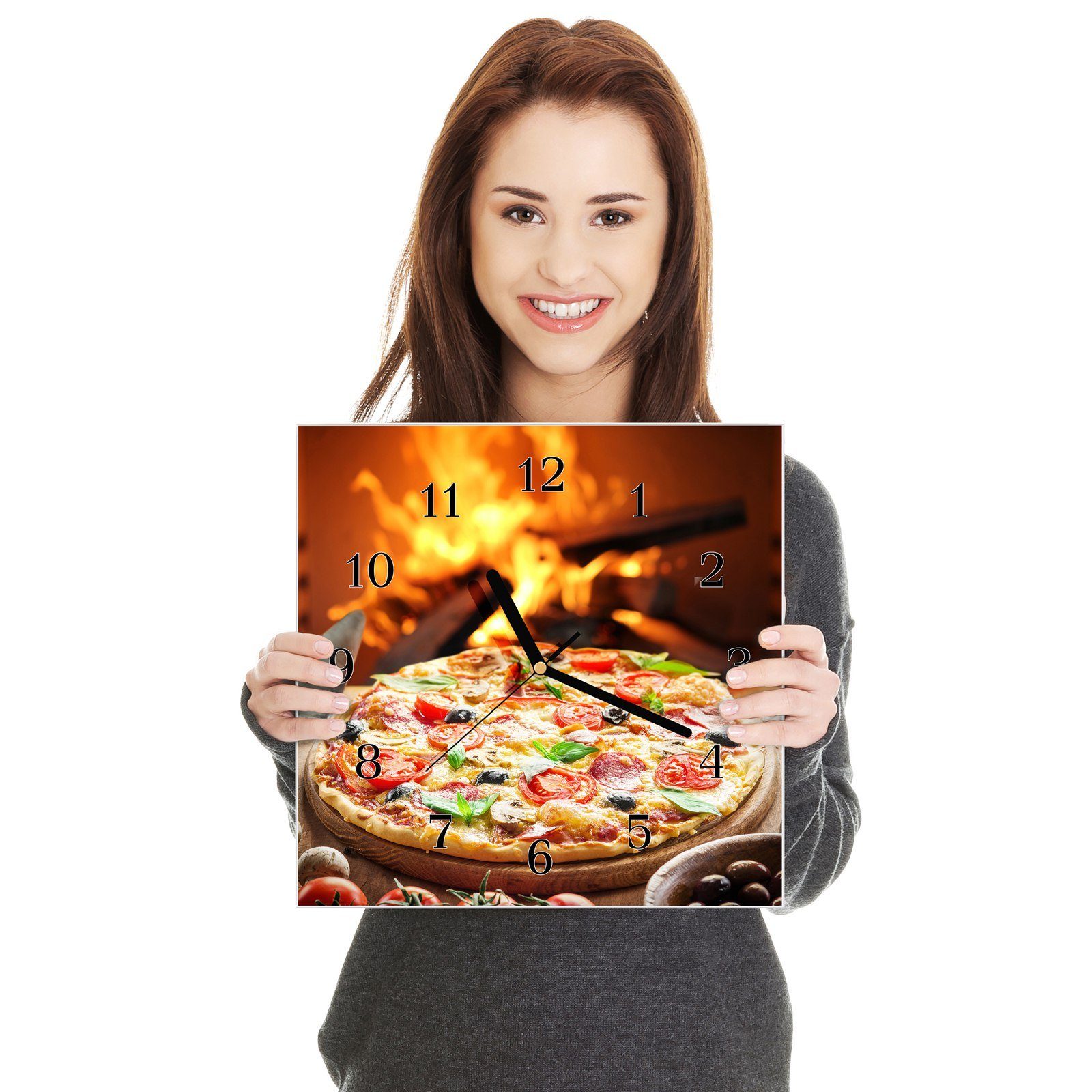 mit cm Wanduhr Motiv dem Wandkunst 30 30 Glasuhr Holzofen Pizza Wanduhr aus Größe x Primedeco